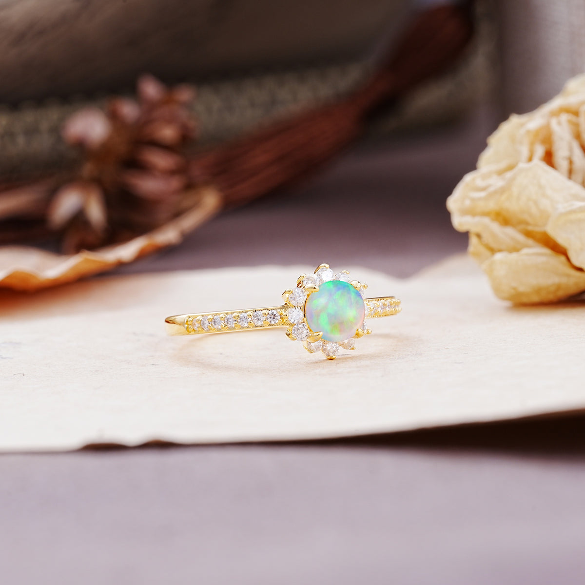 Vintage-Style Pavé Floral-Shaped 4-Prong Round-Cut Fire Opal Engagement Ring - Additional view