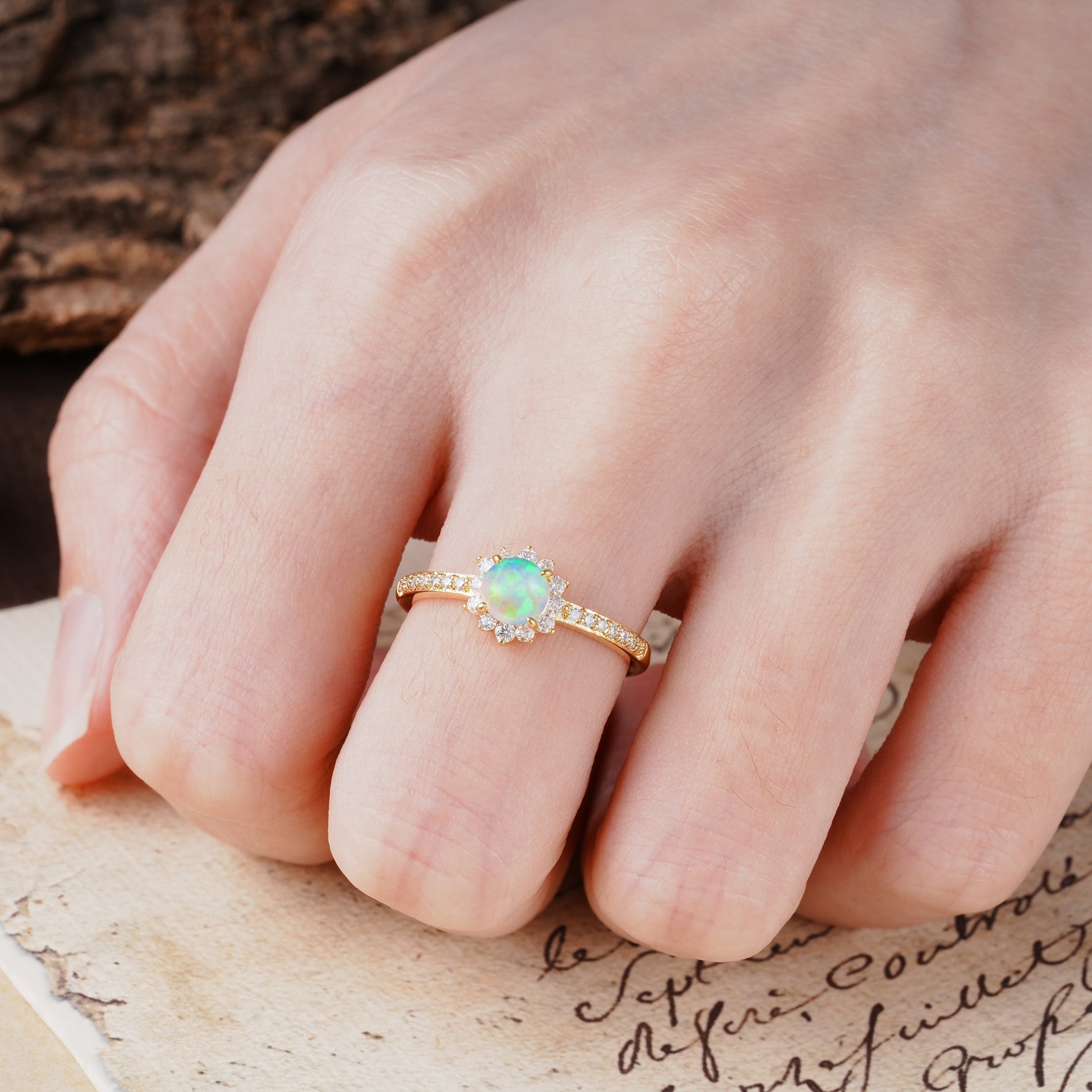 Vintage-Style Pavé Floral-Shaped 4-Prong Round-Cut Fire Opal Engagement Ring - Additional view