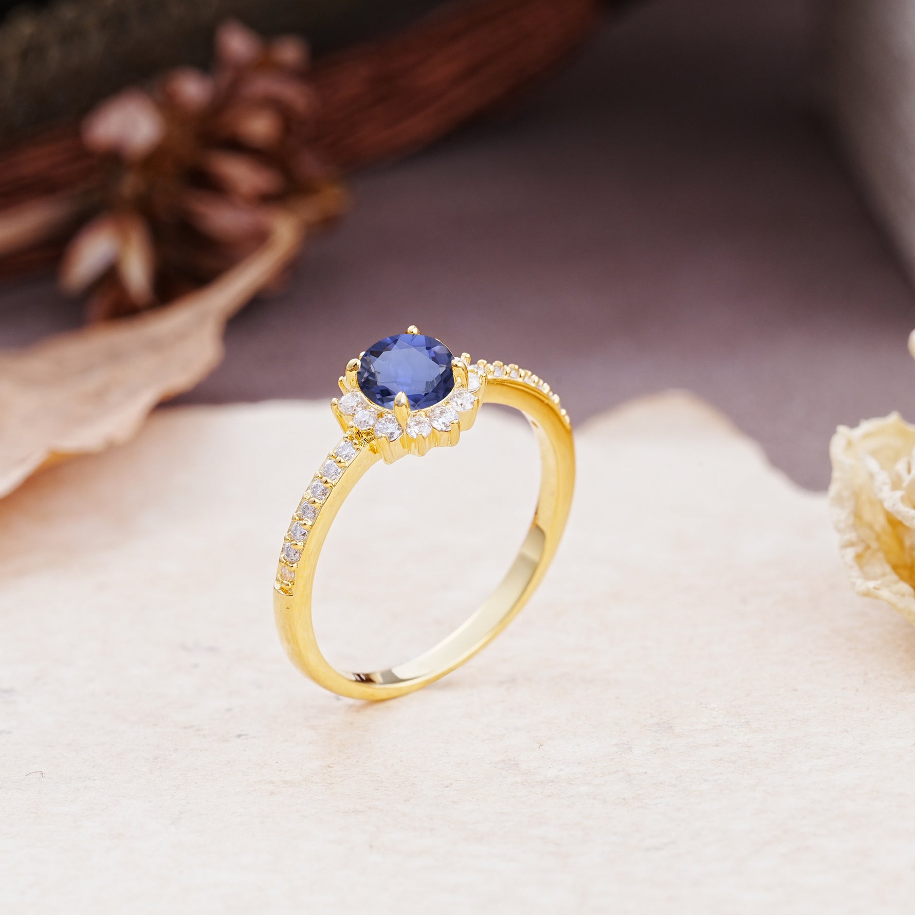 Vintage-Style Pavé Floral-Shaped 4-Prong Round-Cut Tanzanite Engagement Ring - Additional view