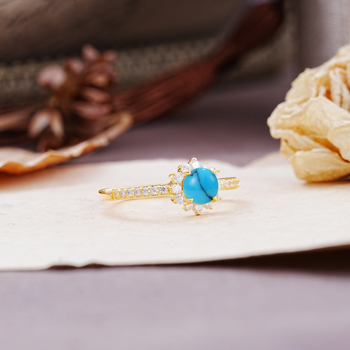 Vintage-Style Pavé Floral-Shaped 4-Prong Round-Cut Turquoise Engagement Ring - Additional view
