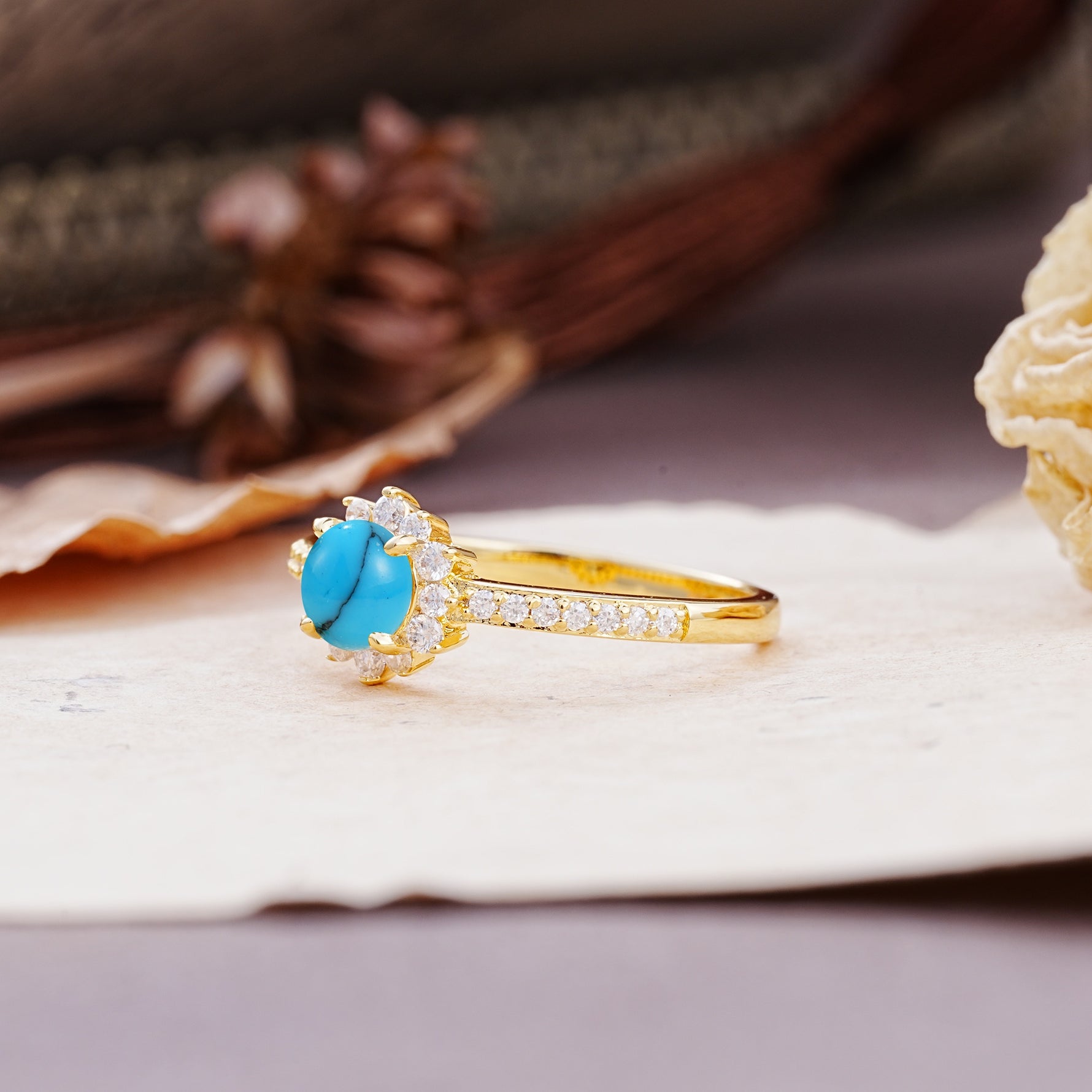 Vintage-Style Pavé Floral-Shaped 4-Prong Round-Cut Turquoise Engagement Ring - Additional view