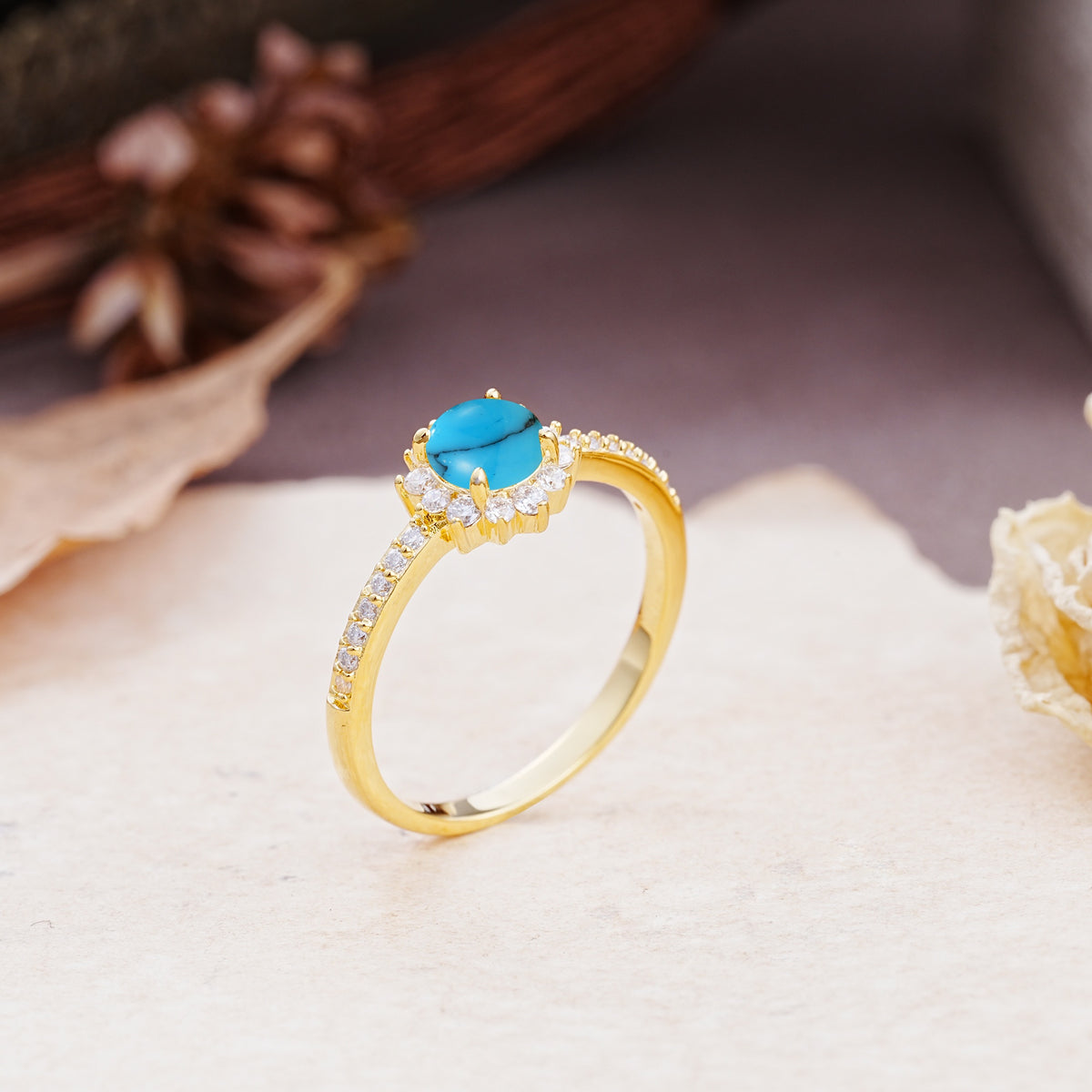 Vintage-Style Pavé Floral-Shaped 4-Prong Round-Cut Turquoise Engagement Ring - Additional view