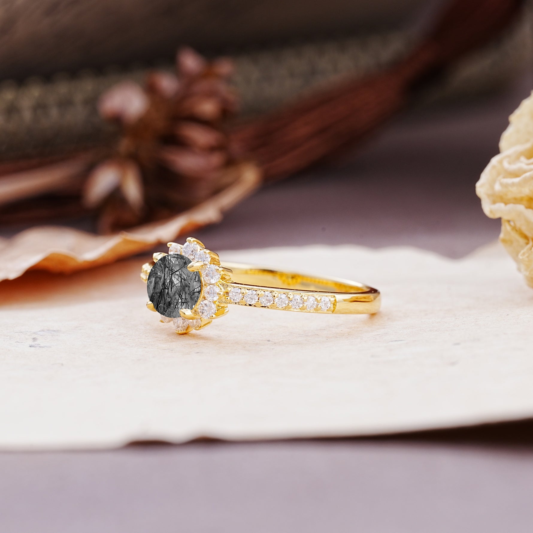 Vintage-Style Pavé Floral-Shaped 4-Prong Round-Cut Black Rutilated Quartz Engagement Ring - Additional view