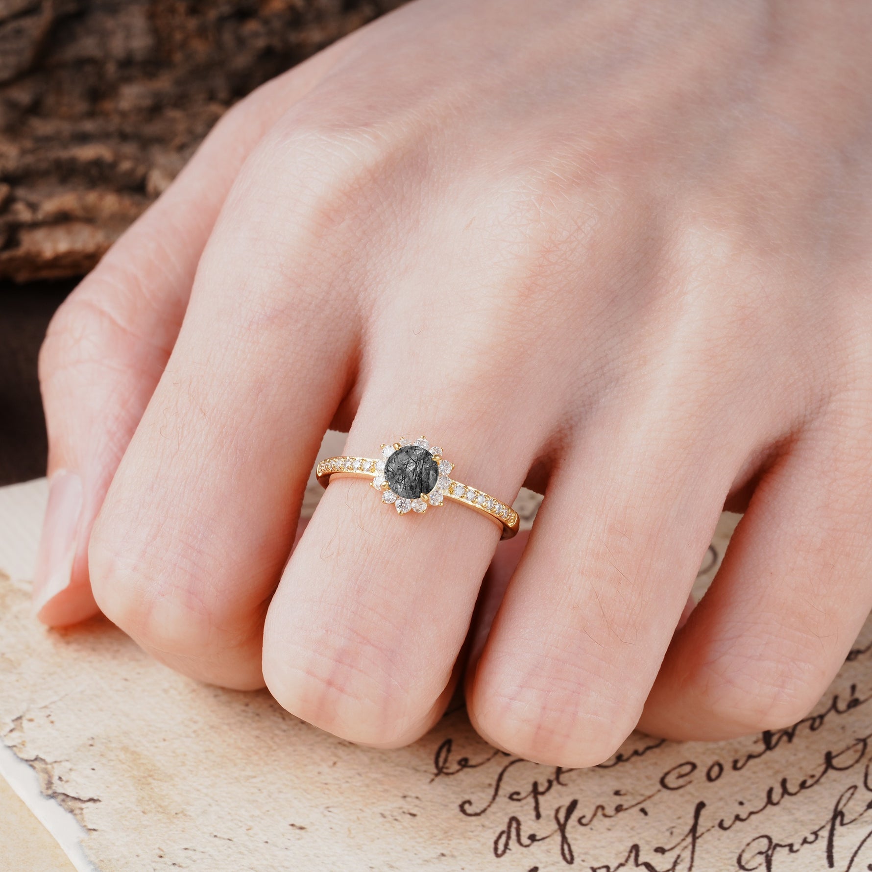 Vintage-Style Pavé Floral-Shaped 4-Prong Round-Cut Black Rutilated Quartz Engagement Ring - Additional view