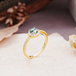 Vintage-Style Pavé Floral-Shaped 4-Prong Round-Cut Moss Agate Engagement Ring - Additional view