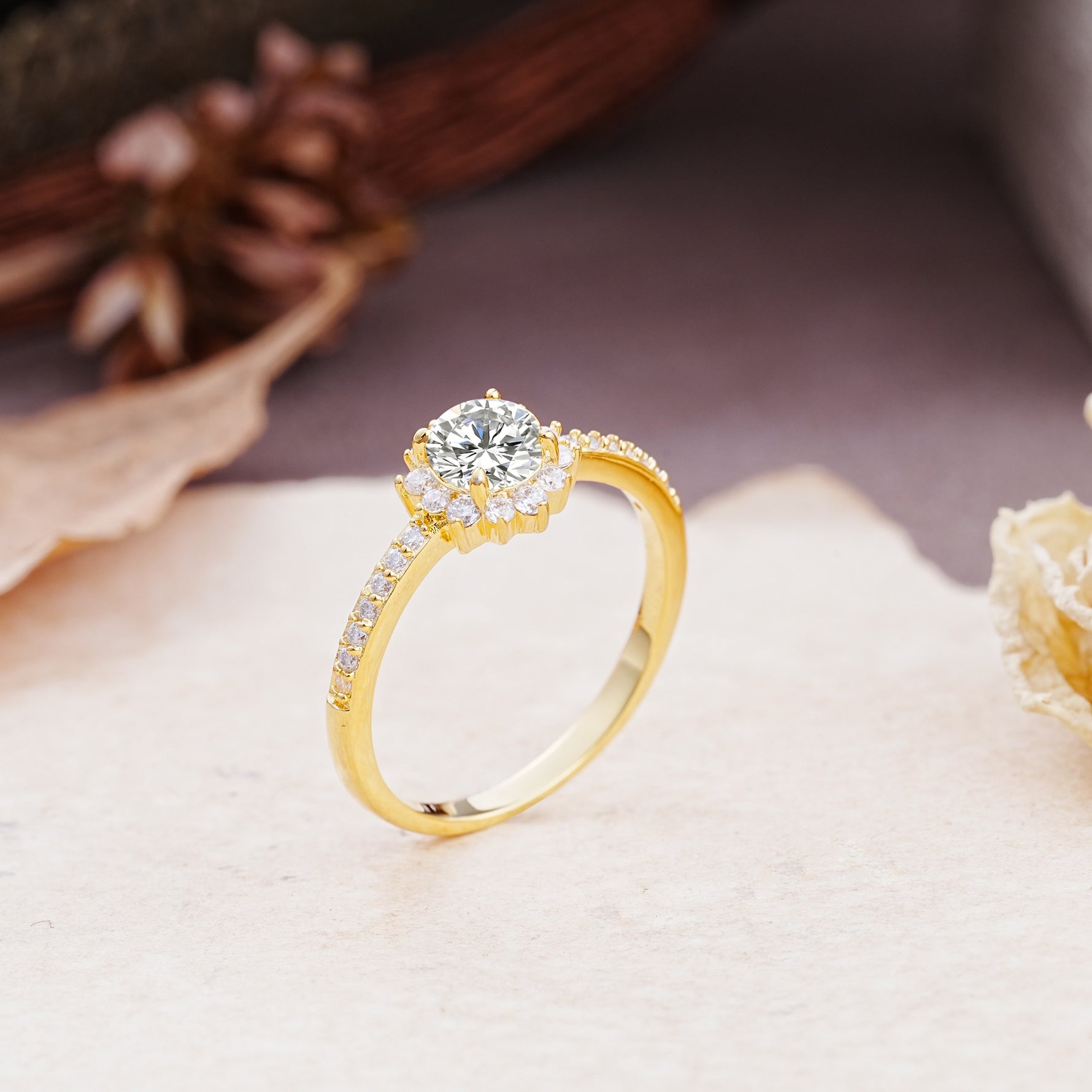 Vintage-Style Pavé Floral-Shaped 4-Prong Round-Cut Lab Diamond Engagement Ring - Additional view