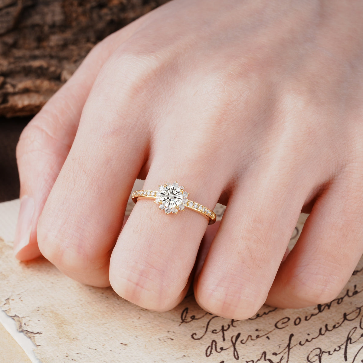 Vintage-Style Pavé Floral-Shaped 4-Prong Round-Cut Lab Diamond Engagement Ring - Additional view