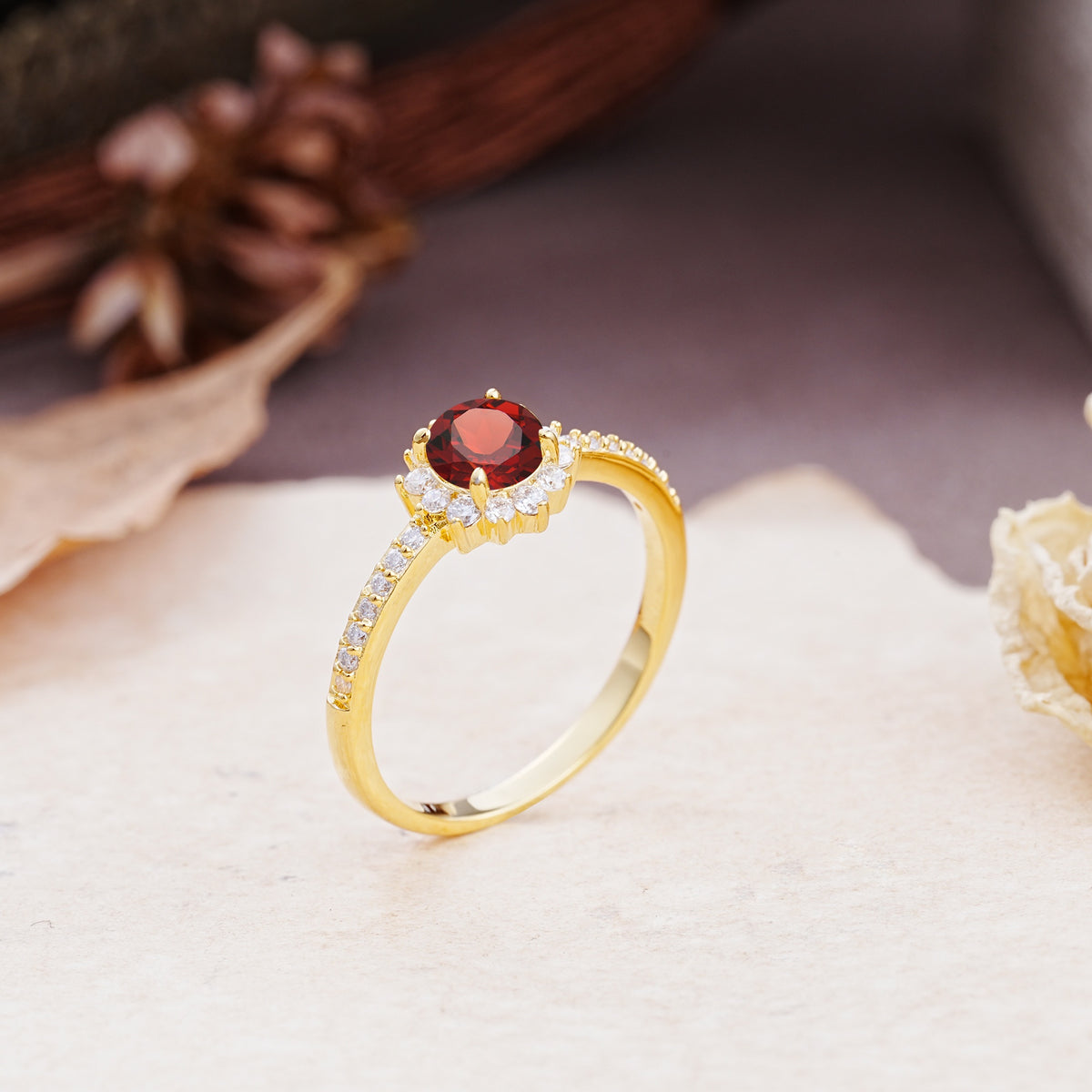 Vintage-Style Pavé Floral-Shaped 4-Prong Round-Cut Garnet Engagement Ring - Additional view
