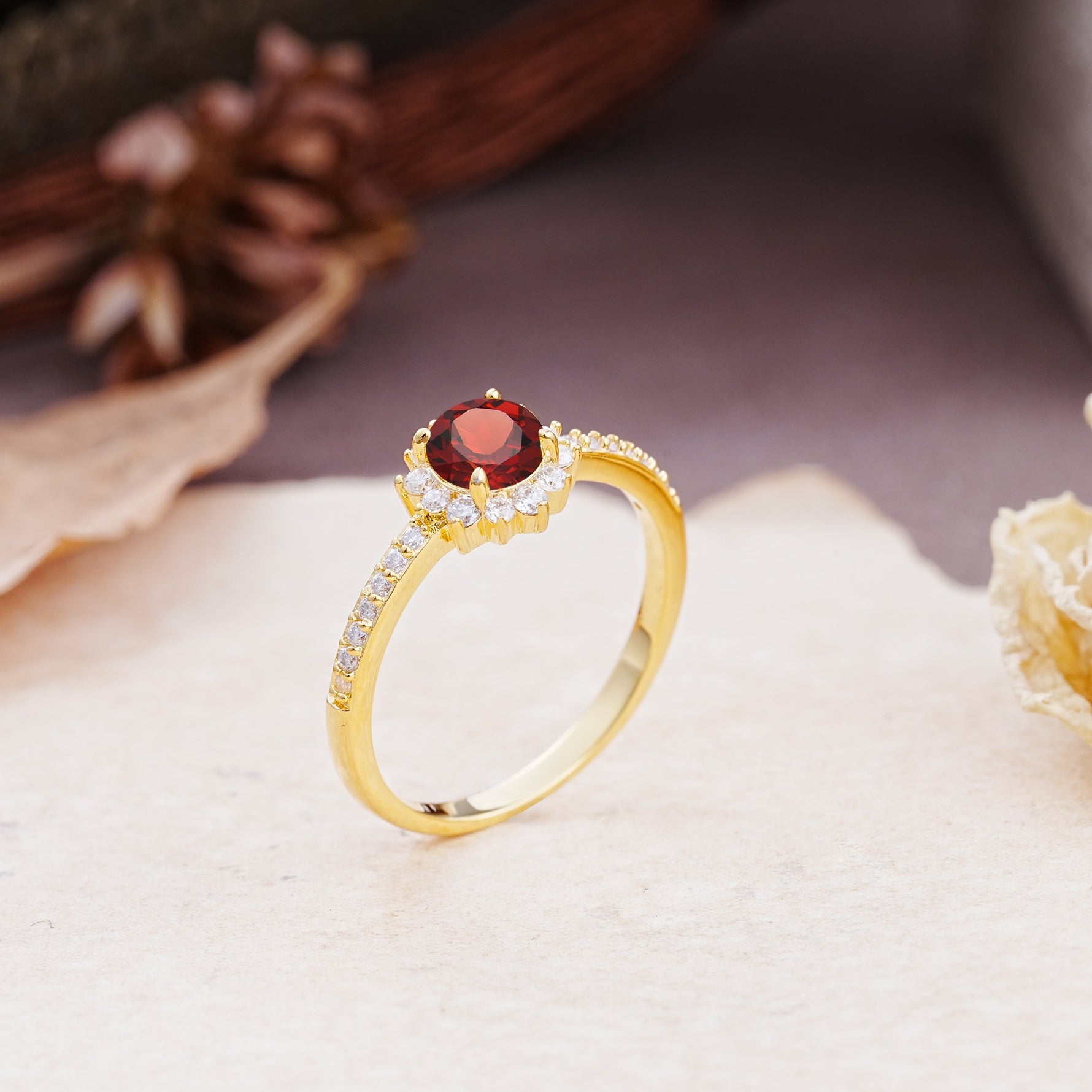 Vintage-Style Pavé Floral-Shaped 4-Prong Round-Cut Garnet Engagement Ring - Additional view