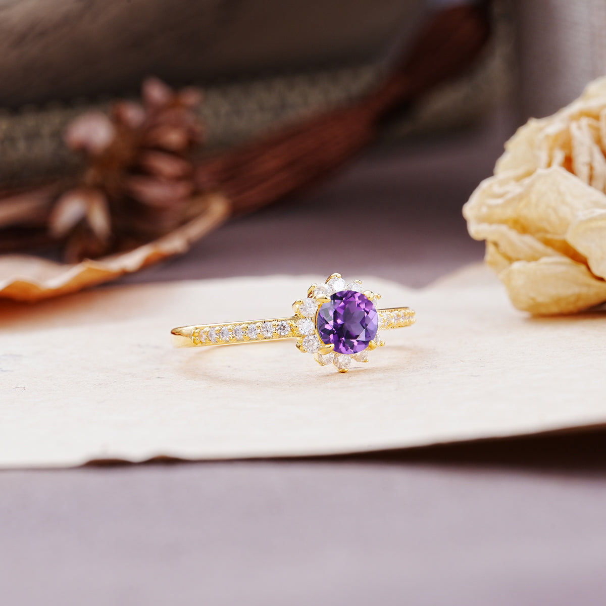 Vintage-Style Pavé Floral-Shaped 4-Prong Round-Cut Amethyst Engagement Ring - Additional view