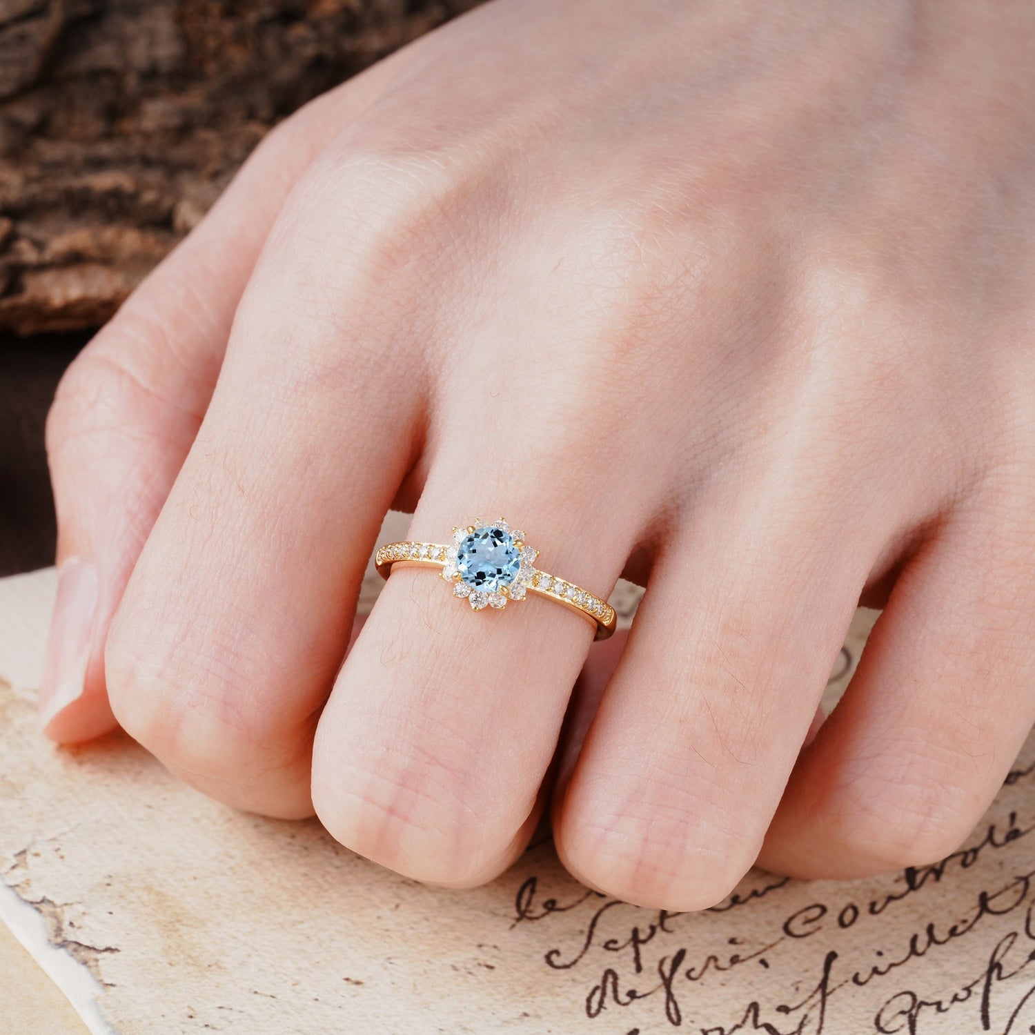 Vintage Style Pavé Floral Shaped 4 Prong Round Cut Aquamarine Engagement Ring