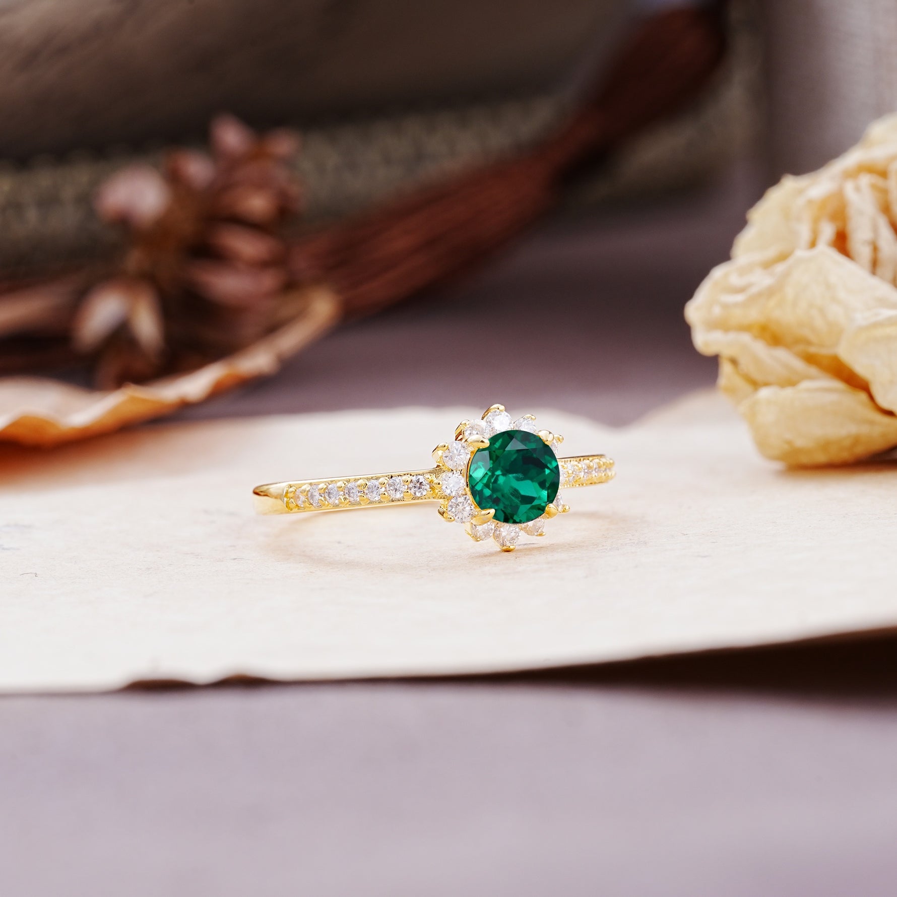 Vintage-Style Pavé Floral-Shaped 4-Prong Round-Cut Emerald Engagement Ring - Additional view