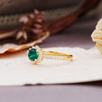 Vintage-Style Pavé Floral-Shaped 4-Prong Round-Cut Emerald Engagement Ring - Additional view