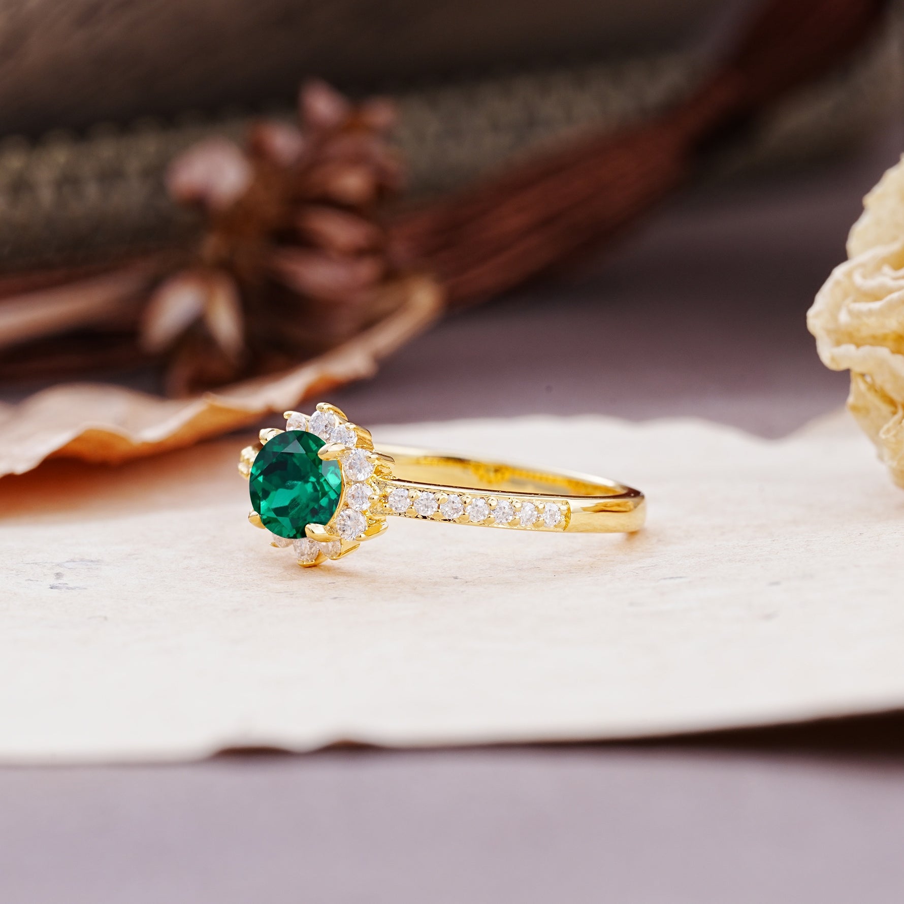 Vintage-Style Pavé Floral-Shaped 4-Prong Round-Cut Emerald Engagement Ring - Additional view