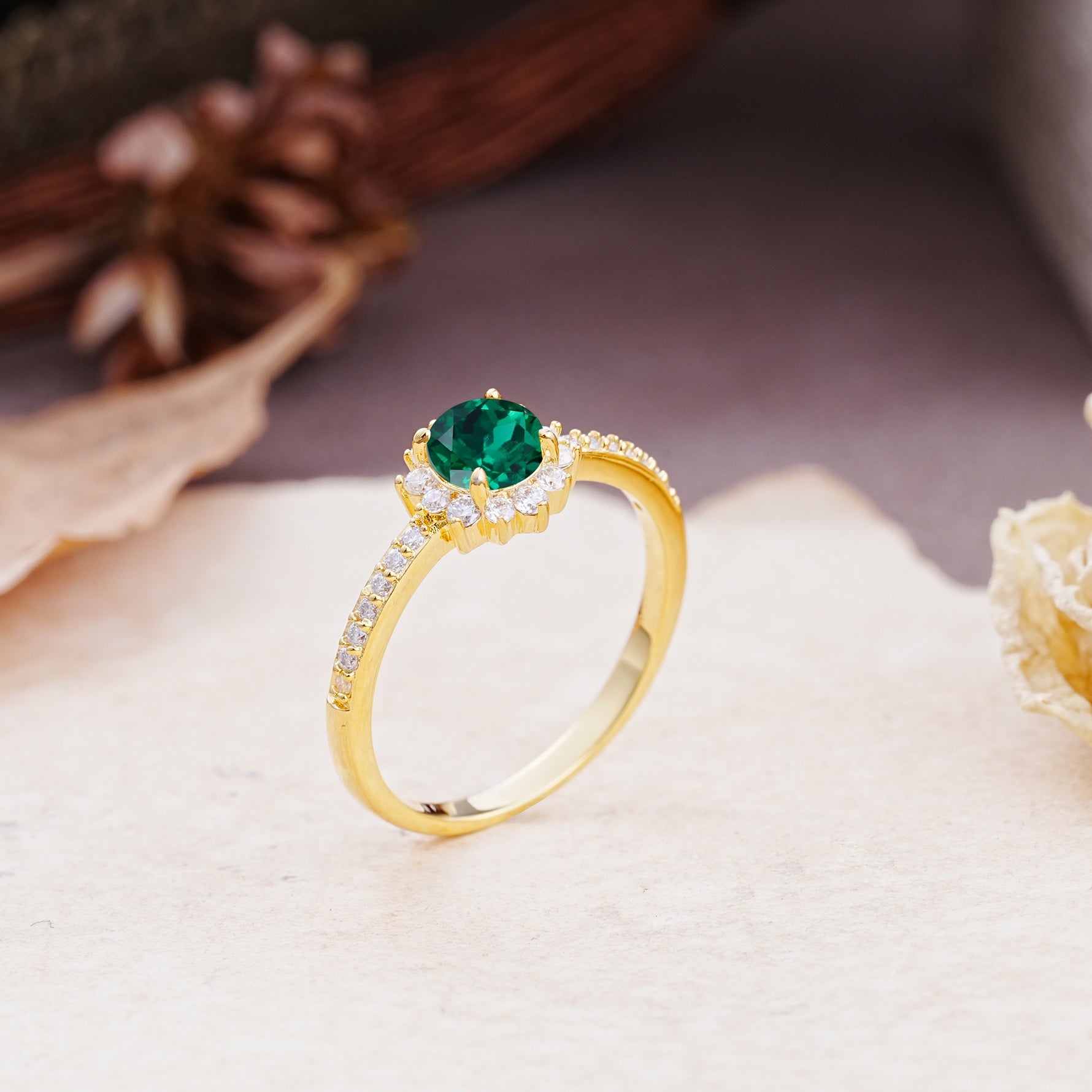 Vintage-Style Pavé Floral-Shaped 4-Prong Round-Cut Emerald Engagement Ring - Additional view
