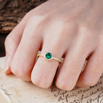 Vintage-Style Pavé Floral-Shaped 4-Prong Round-Cut Emerald Engagement Ring - Additional view