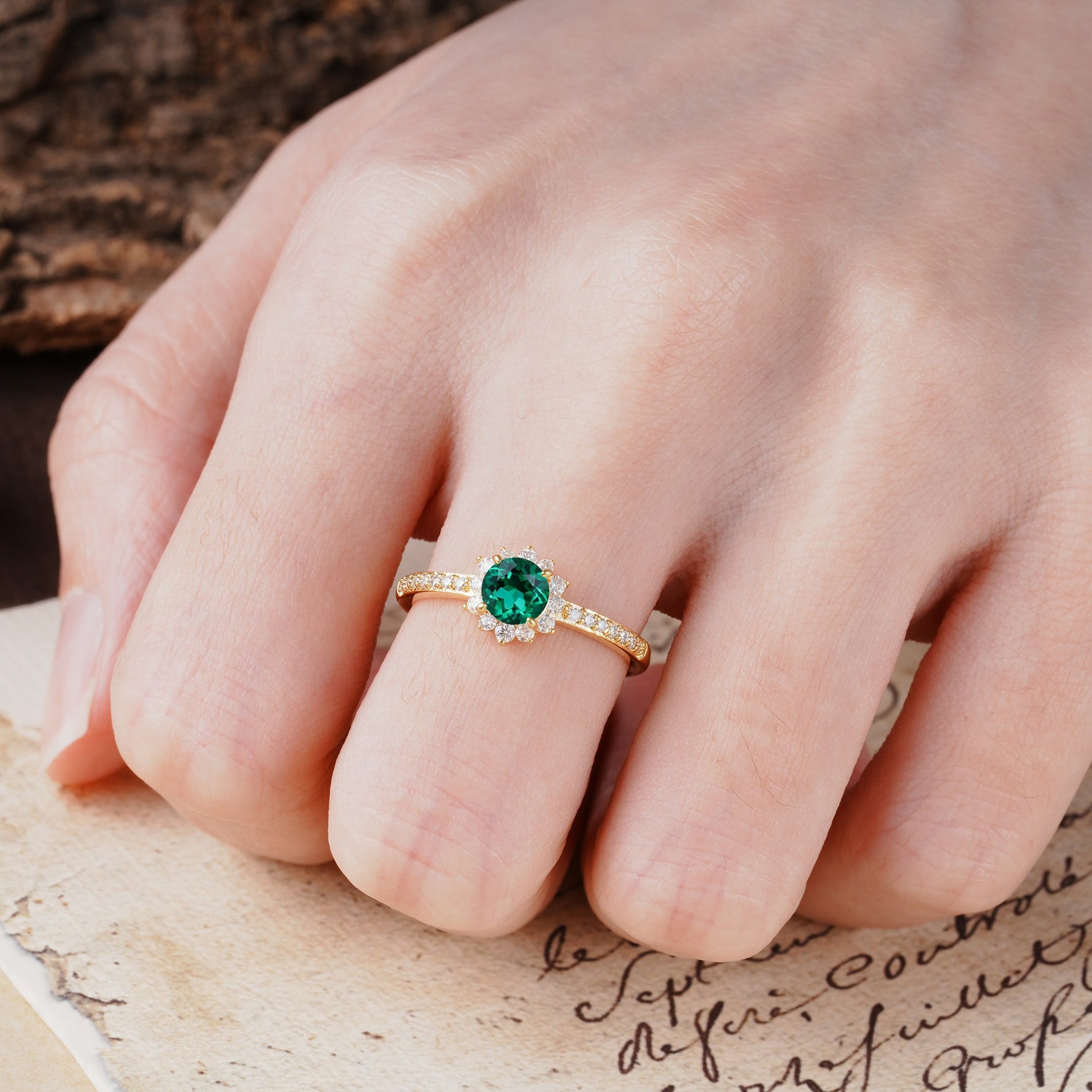 Vintage-Style Pavé Floral-Shaped 4-Prong Round-Cut Emerald Engagement Ring - Additional view
