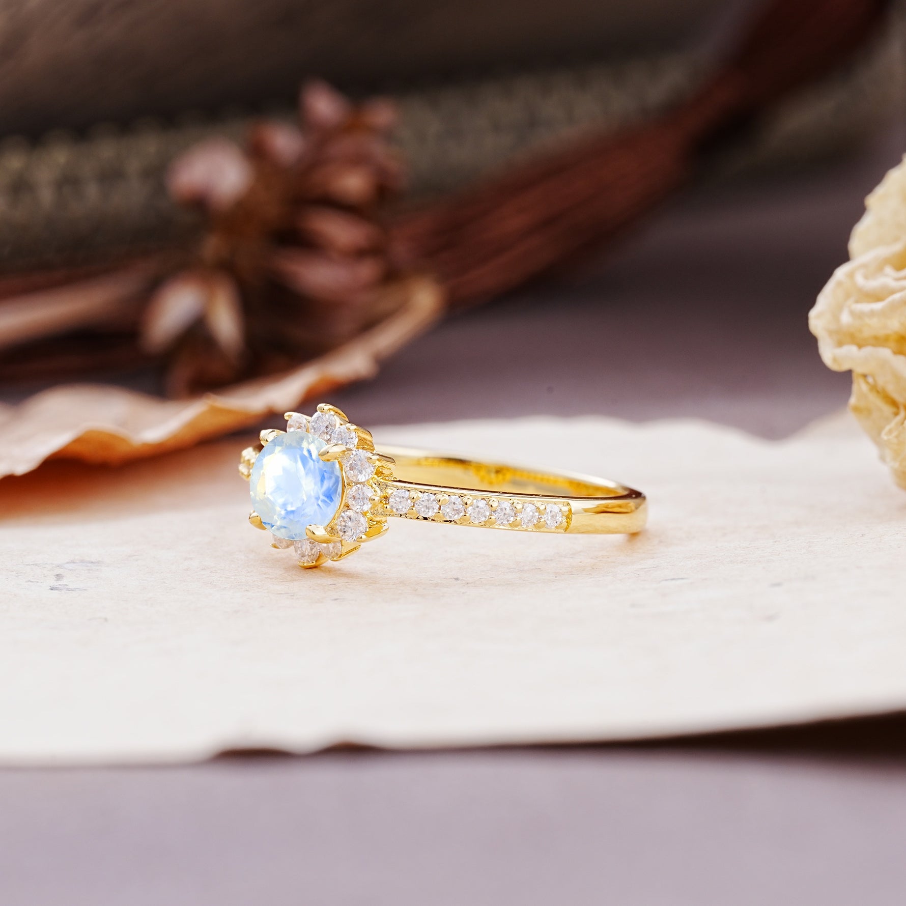 Vintage-Style Pavé Floral-Shaped 4-Prong Round-Cut Moonstone Engagement Ring - Additional view
