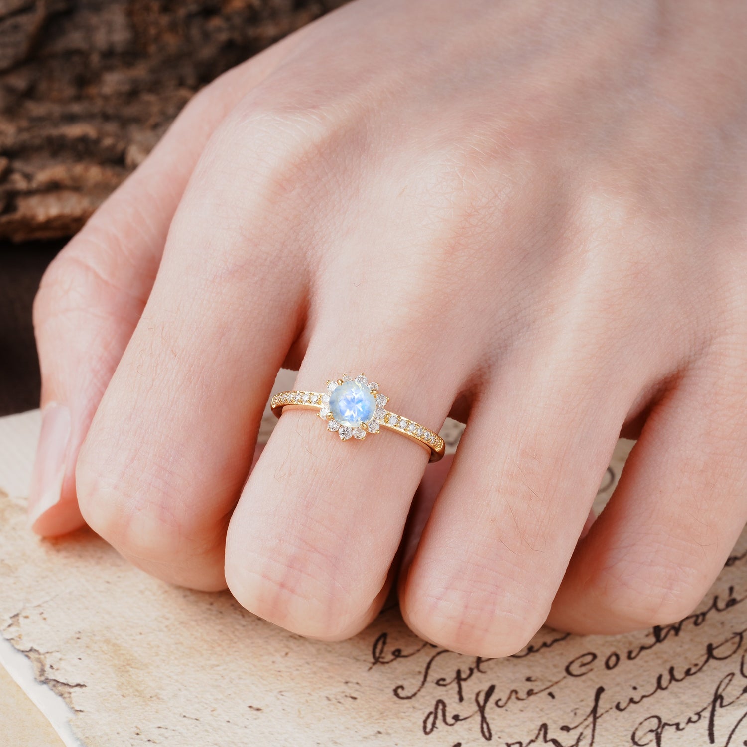 Vintage-Style Pavé Floral-Shaped 4-Prong Round-Cut Moonstone Engagement Ring - Additional view