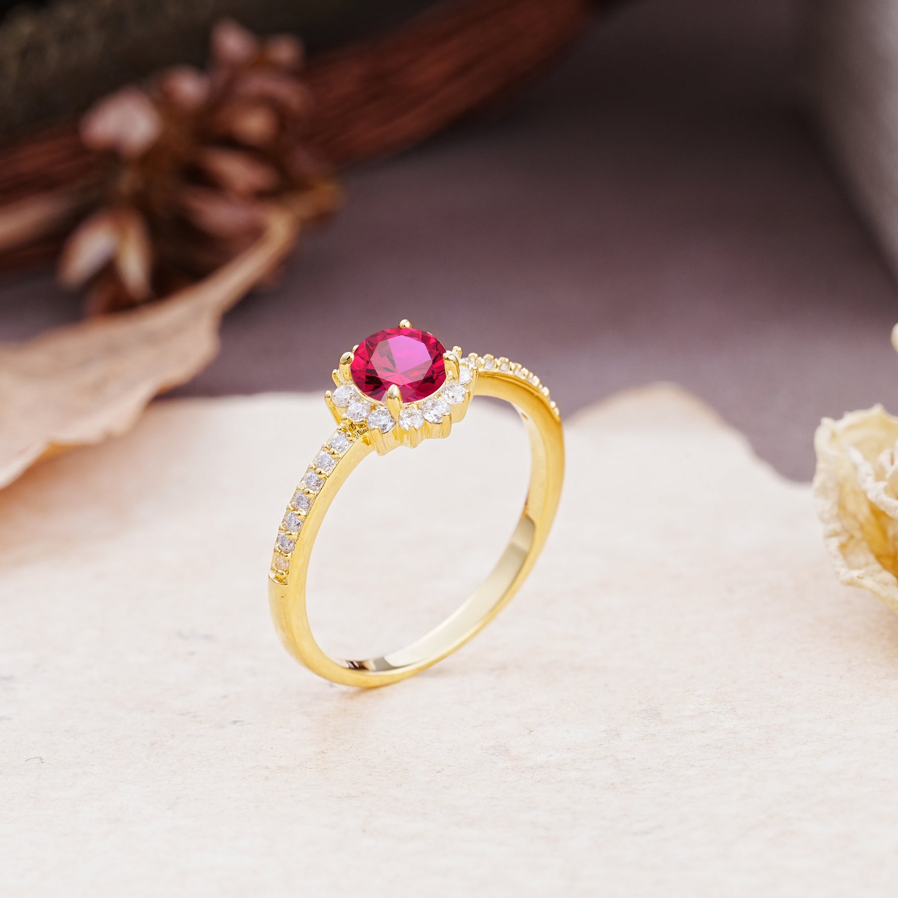 Vintage-Style Pavé Floral-Shaped 4-Prong Round-Cut Ruby Engagement Ring - Additional view