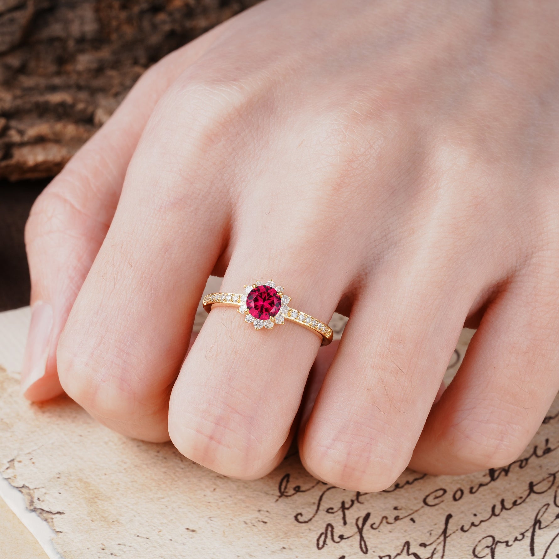 Vintage-Style Pavé Floral-Shaped 4-Prong Round-Cut Ruby Engagement Ring - Additional view