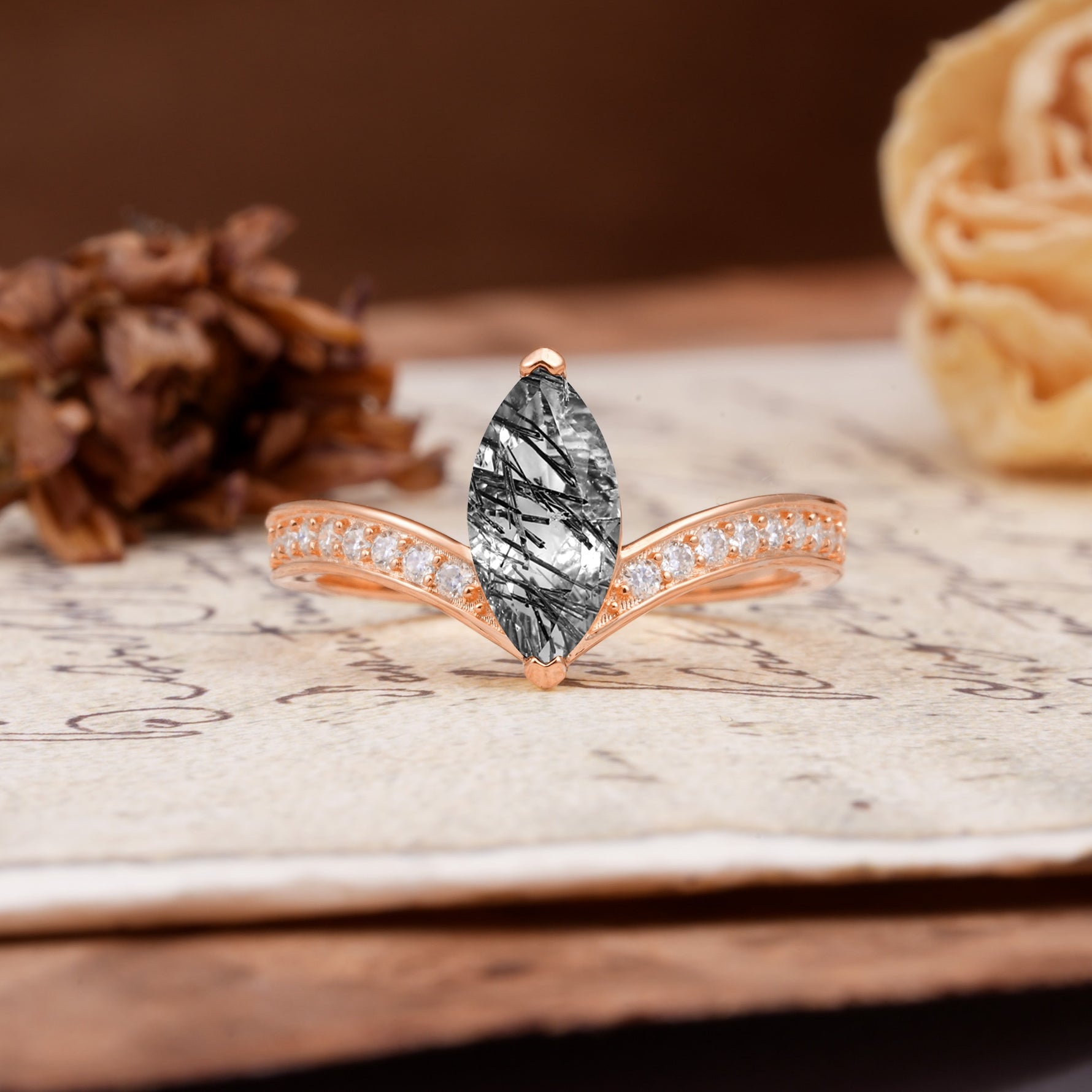 Unique Classic 2-Prong Marquise Cut Black Rutilated Quartz Engagement Ring - Additional view