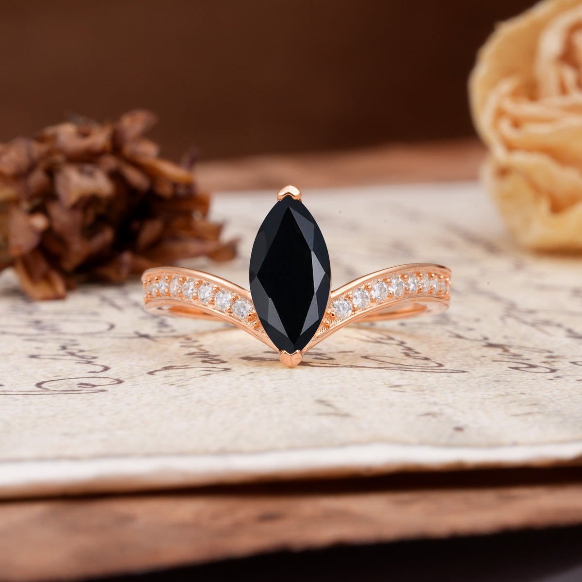 Unique Classic 2-Prong Marquise Cut Black Onyx Engagement Ring - Additional view