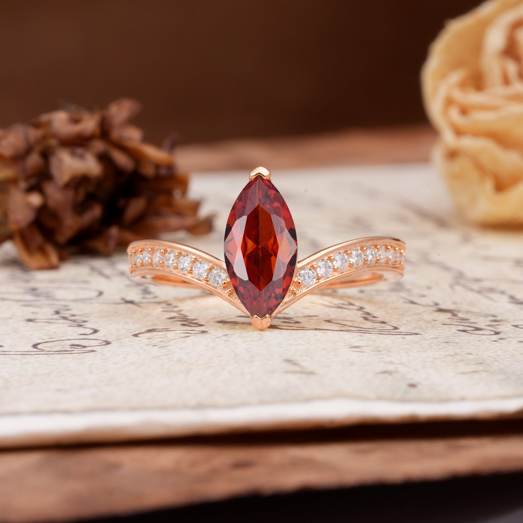 Unique Classic 2-Prong Marquise Cut Garnet Engagement Ring - Additional view