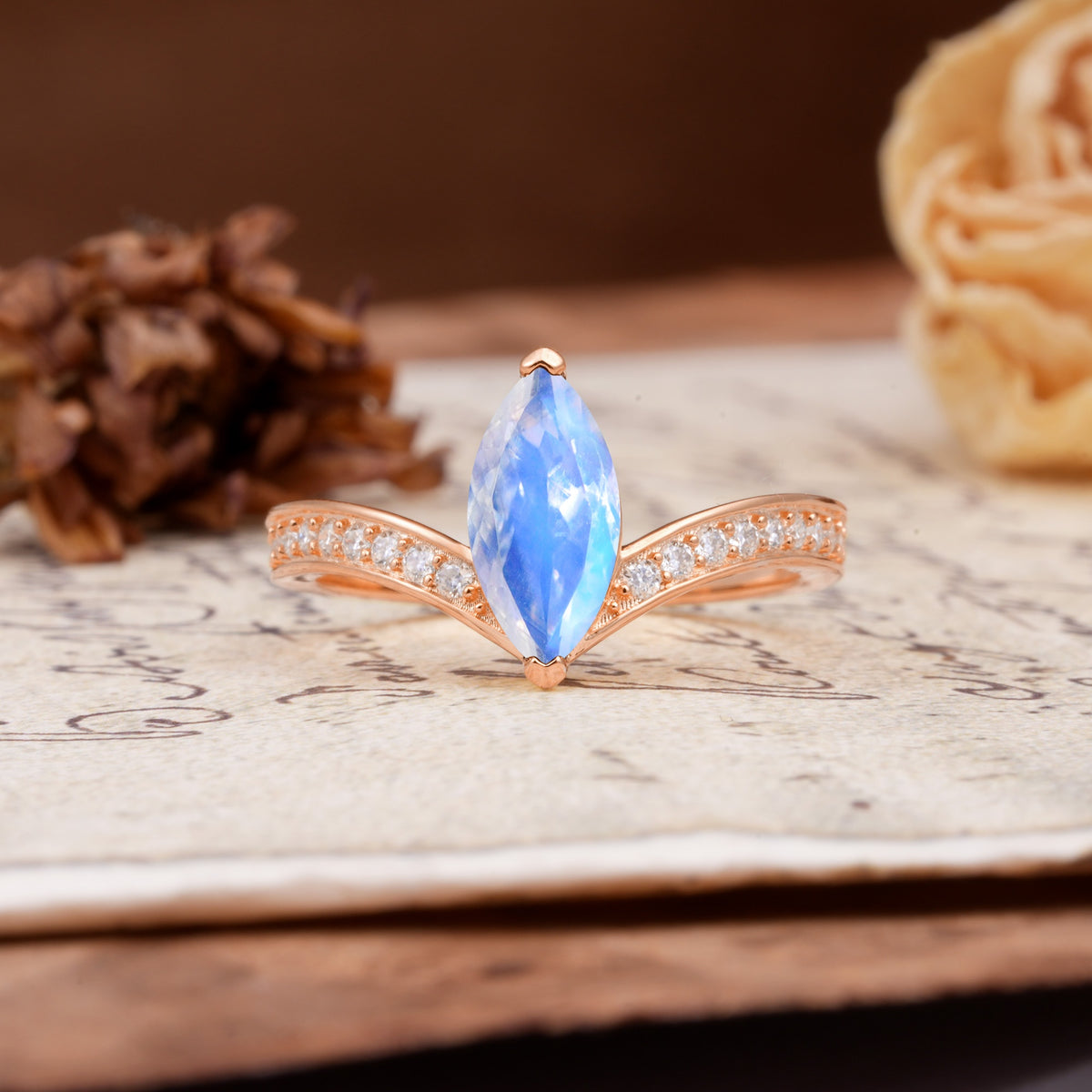 Unique Classic 2-Prong Marquise Cut Moonstone Engagement Ring - Additional view