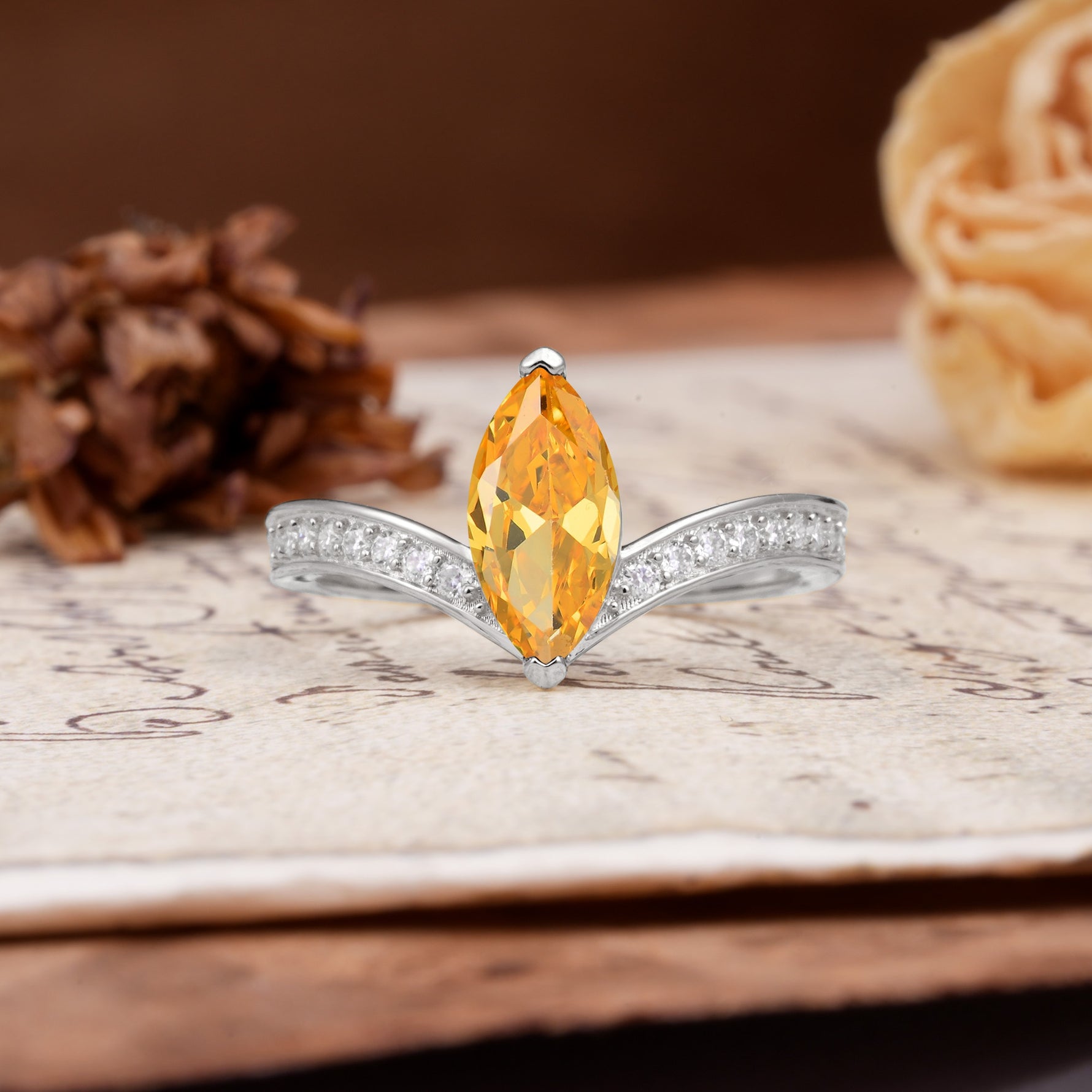 Unique Classic 2-Prong Marquise Cut Citrine Engagement Ring - Additional view