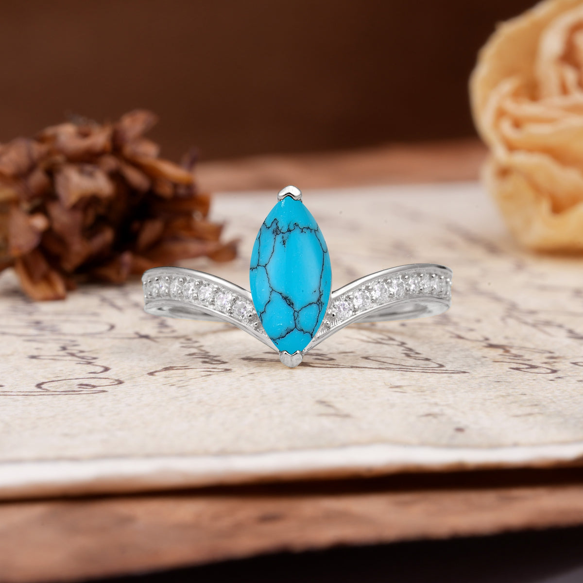 Unique Classic 2-Prong Marquise Cut Turquoise Engagement Ring - Additional view