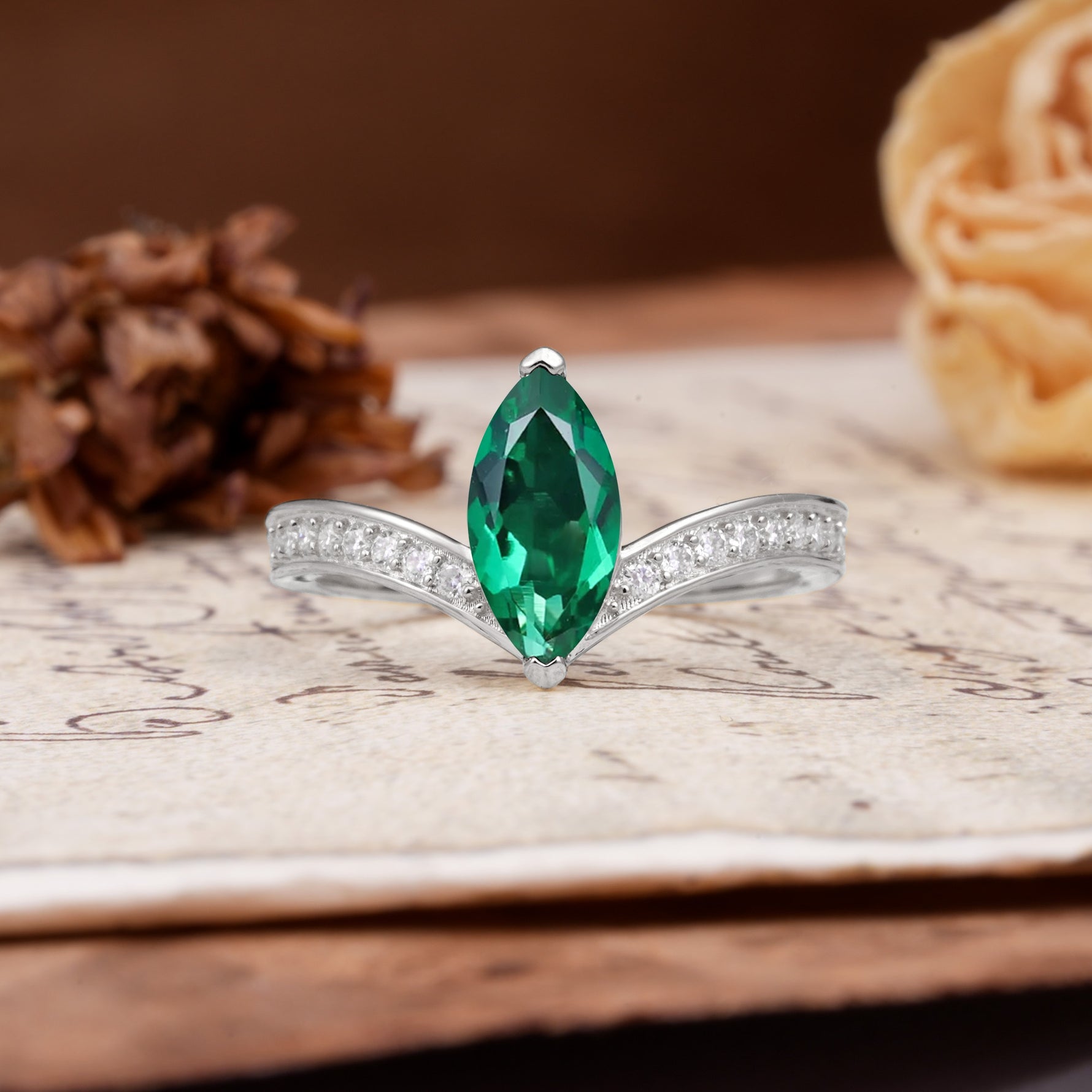 Unique Classic 2-Prong Marquise Cut Emerald Engagement Ring - Additional view