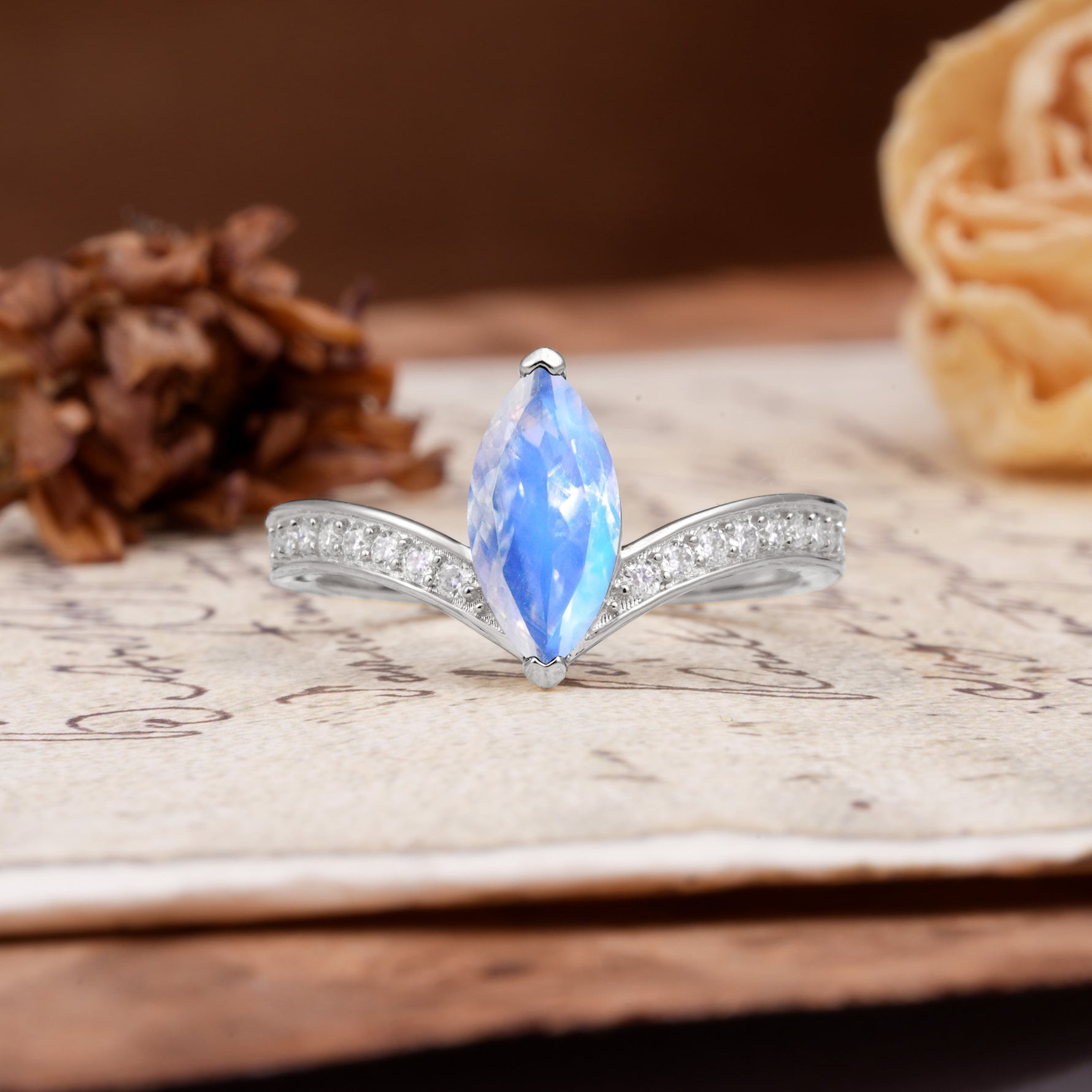 Unique Classic 2-Prong Marquise Cut Moonstone Engagement Ring - Additional view