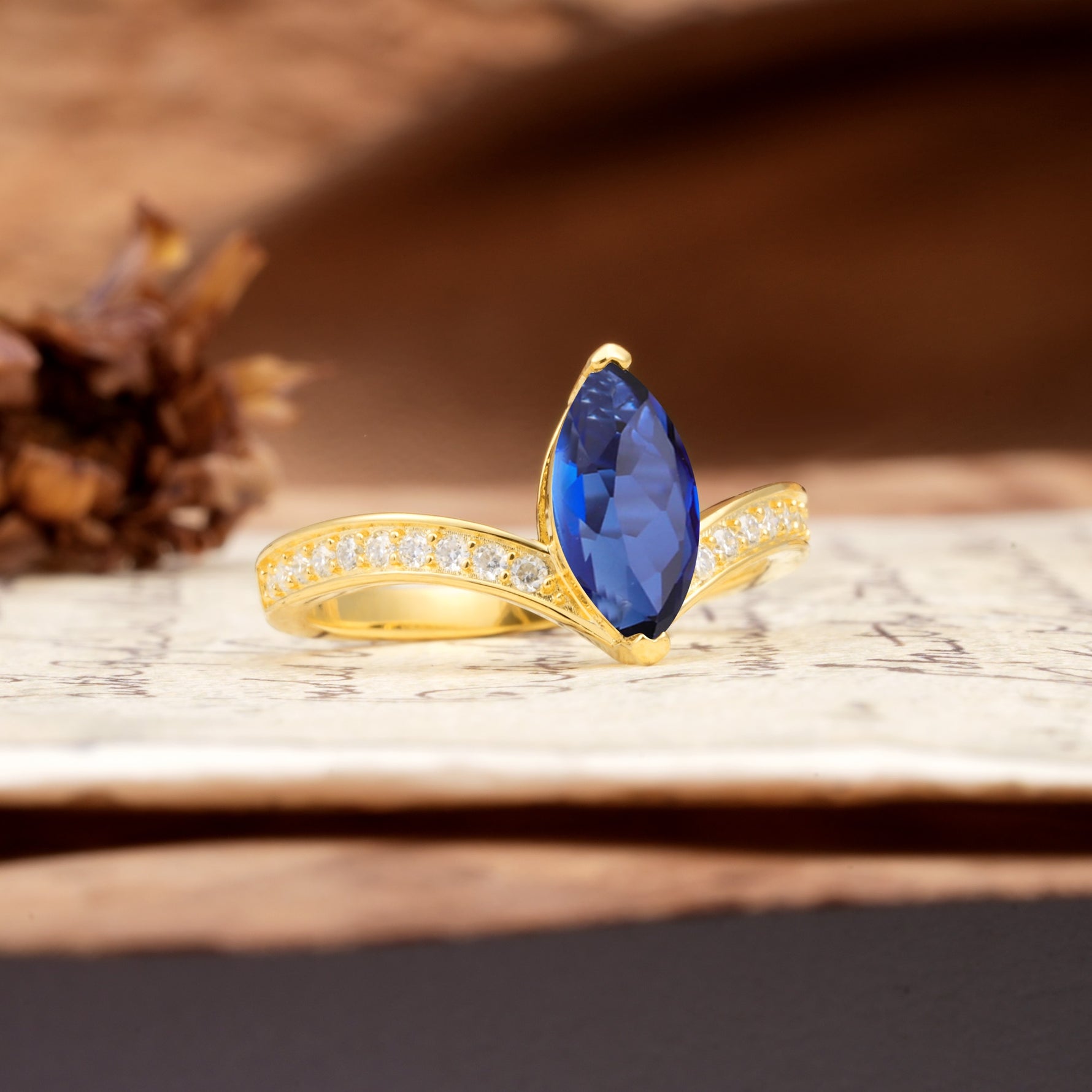 Unique Classic 2-Prong Marquise Cut Sapphire Engagement Ring - Additional view
