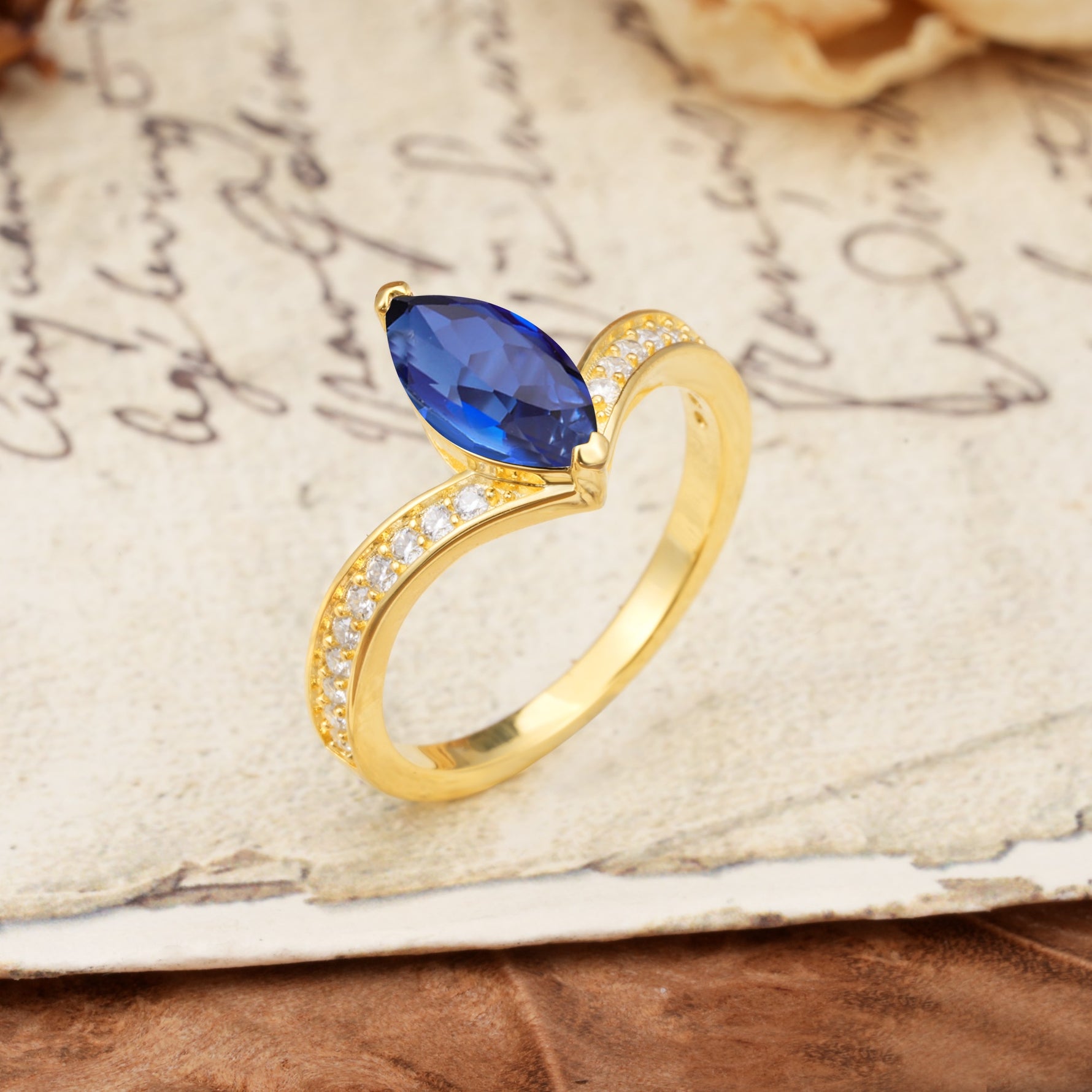 Unique Classic 2-Prong Marquise Cut Sapphire Engagement Ring - Additional view
