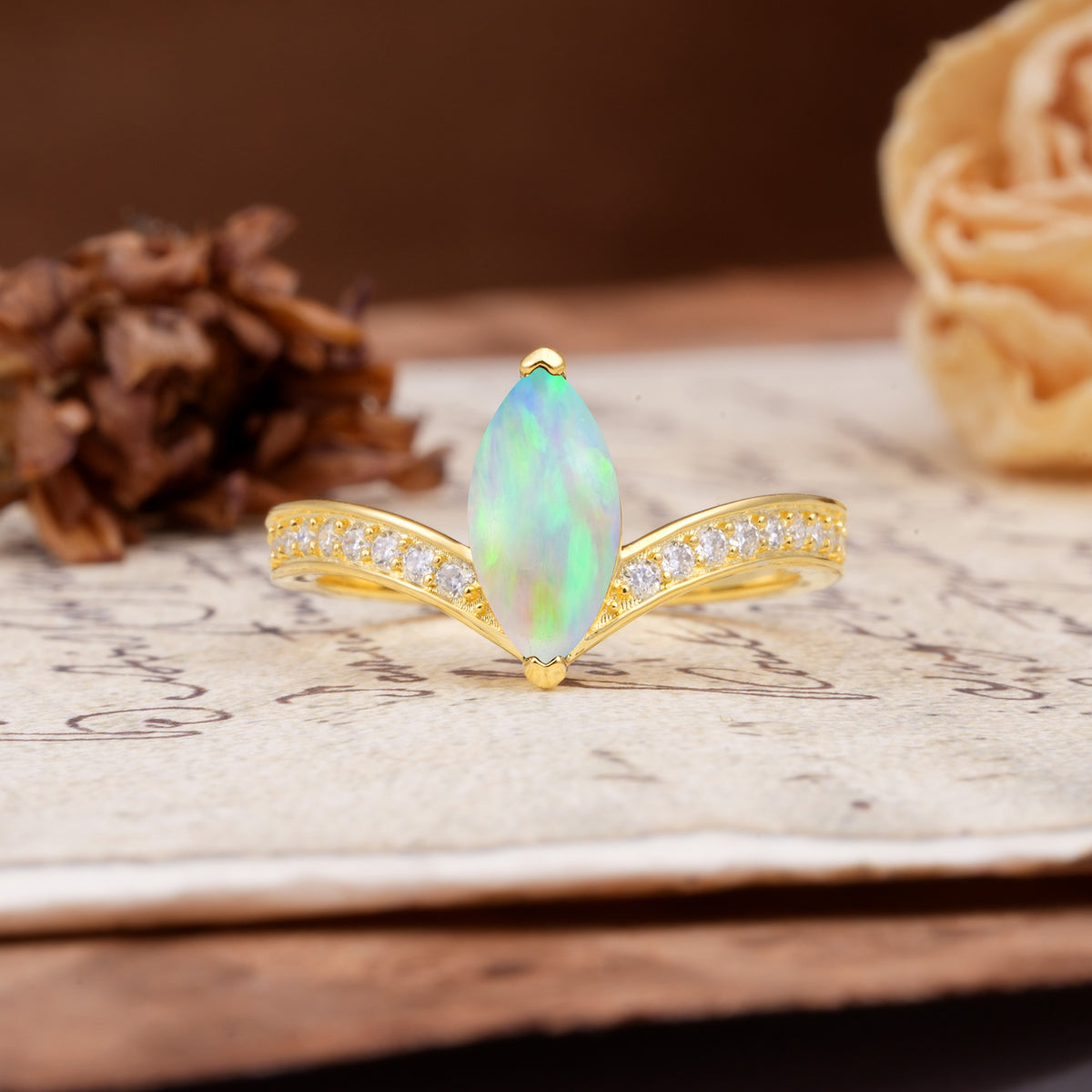 Unique Classic 2-Prong Marquise Cut Fire Opal Engagement Ring - Additional view