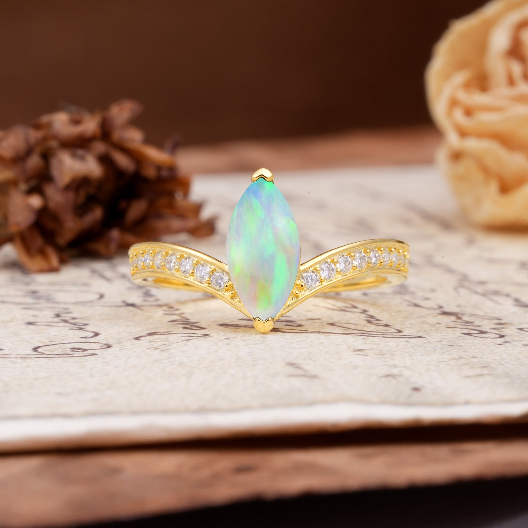 Unique Classic 2-Prong Marquise Cut Fire Opal Engagement Ring - Additional view