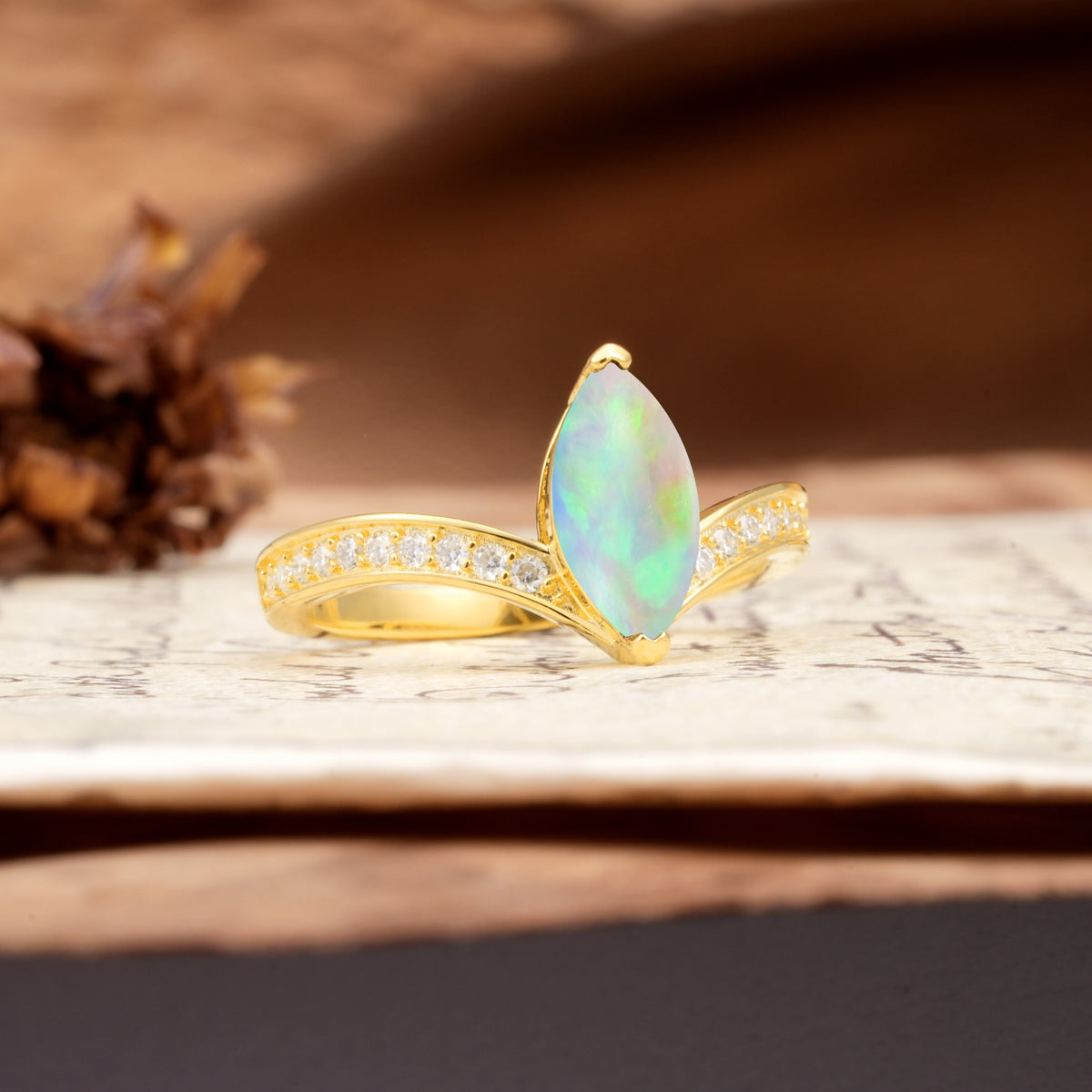 Unique Classic 2-Prong Marquise Cut Fire Opal Engagement Ring - Additional view