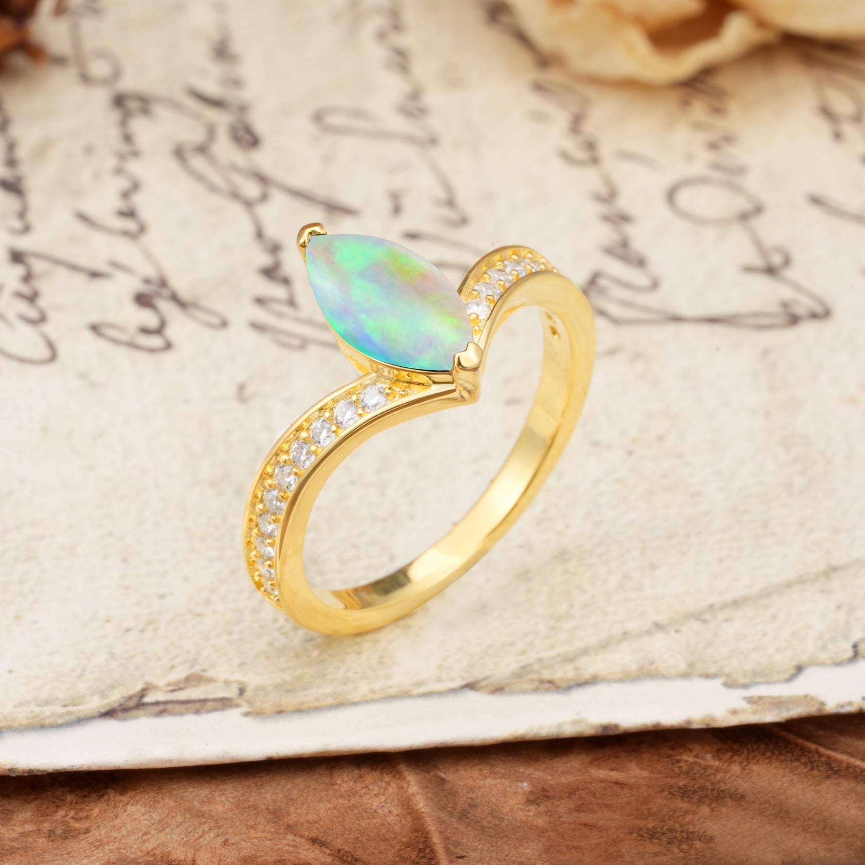 Unique Classic 2-Prong Marquise Cut Fire Opal Engagement Ring - Additional view