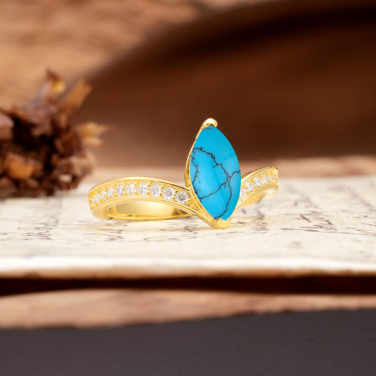 Unique Classic 2-Prong Marquise Cut Turquoise Engagement Ring - Additional view