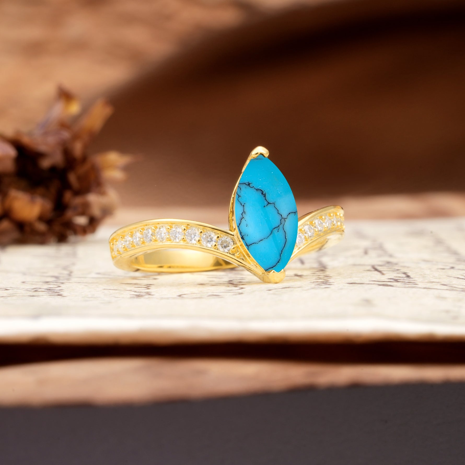Unique Classic 2-Prong Marquise Cut Turquoise Engagement Ring - Additional view