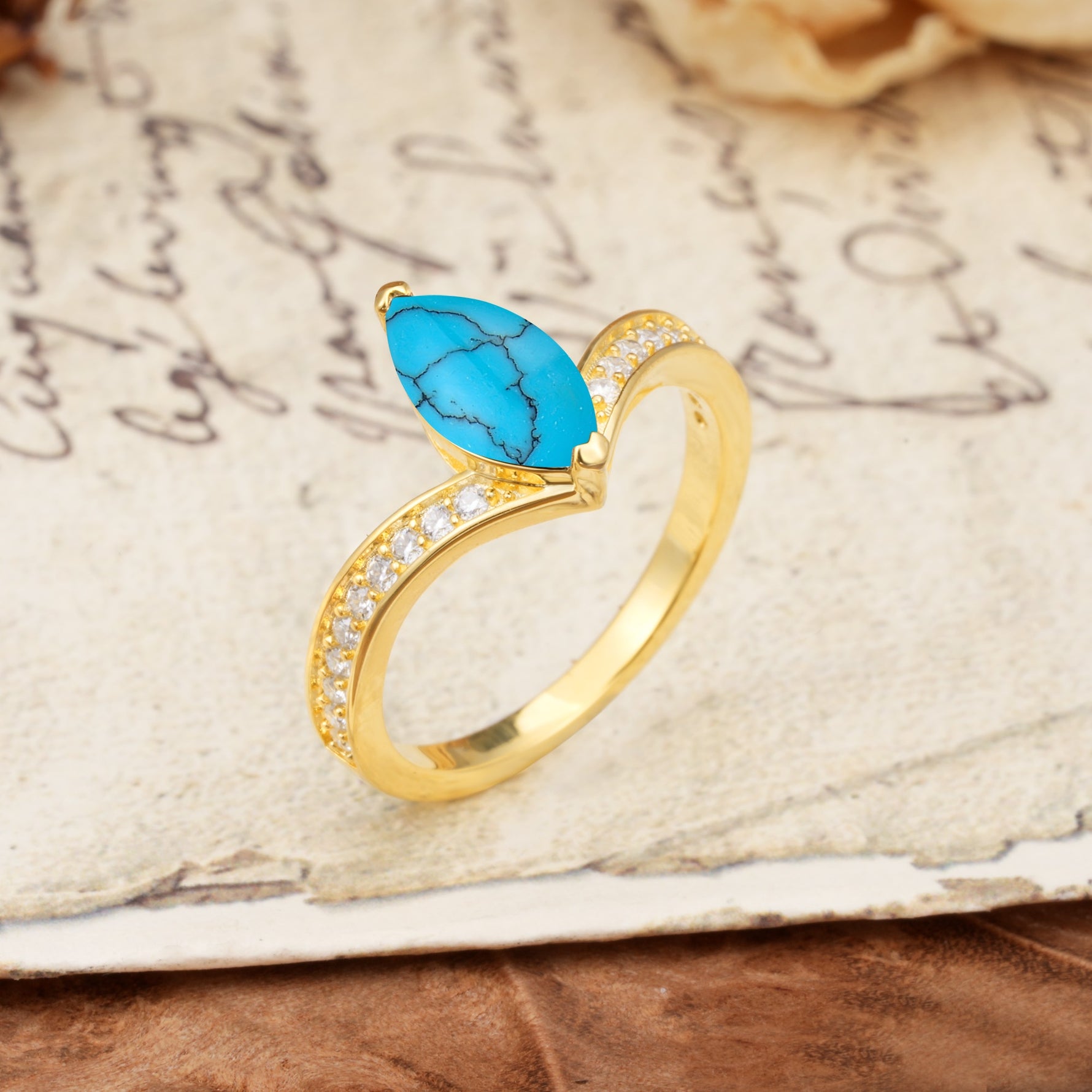 Unique Classic 2-Prong Marquise Cut Turquoise Engagement Ring - Additional view