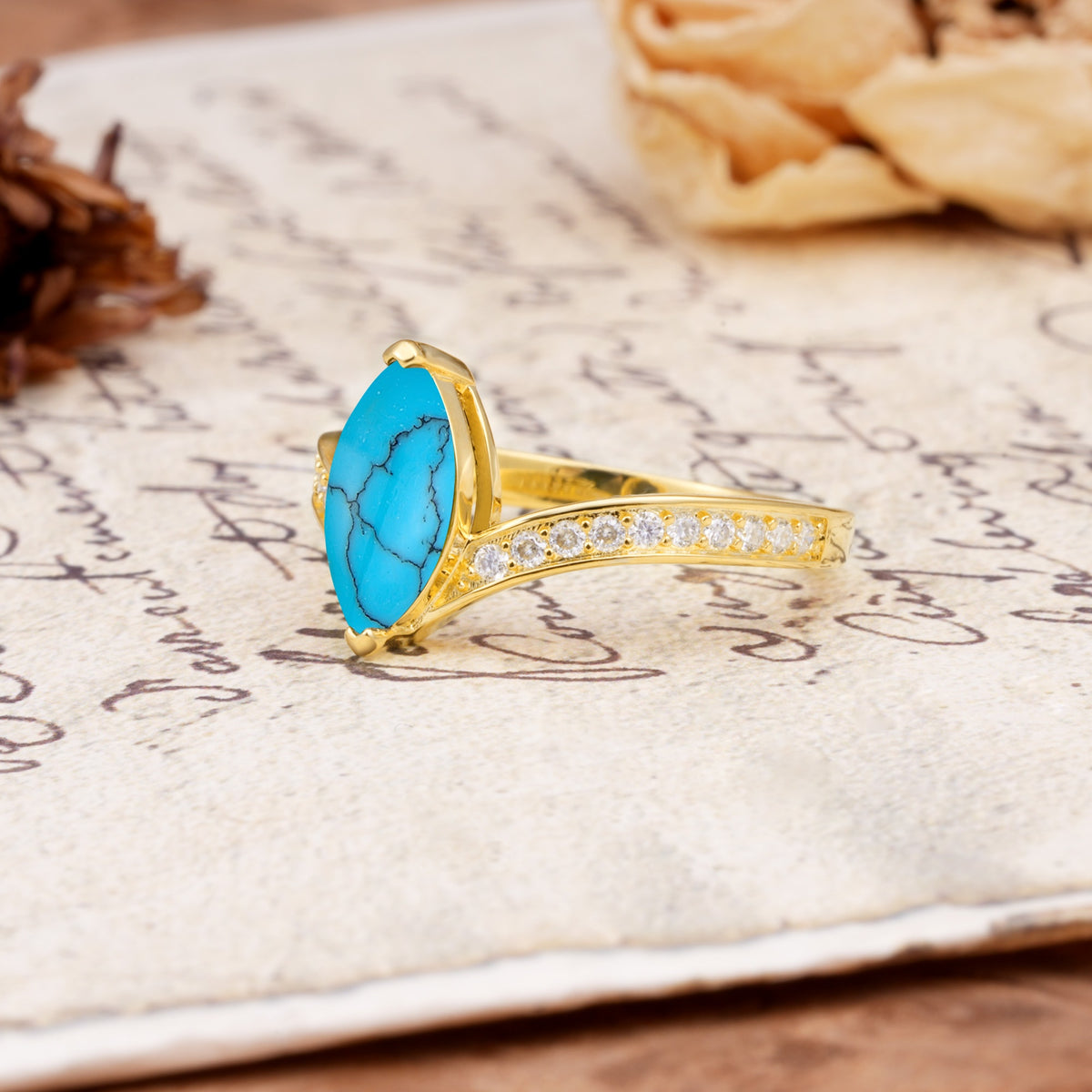 Unique Classic 2-Prong Marquise Cut Turquoise Engagement Ring - Additional view