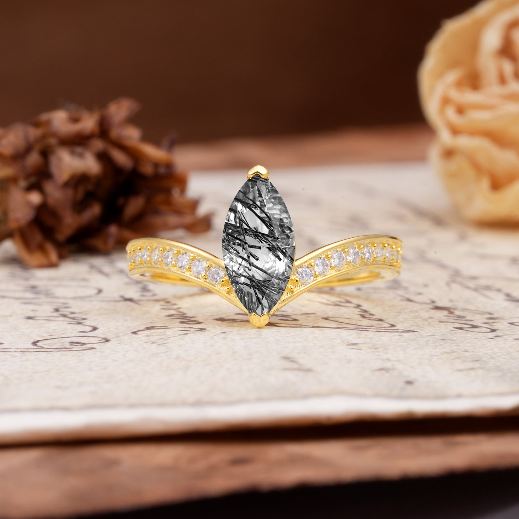 Unique Classic 2-Prong Marquise Cut Black Rutilated Quartz Engagement Ring - Additional view