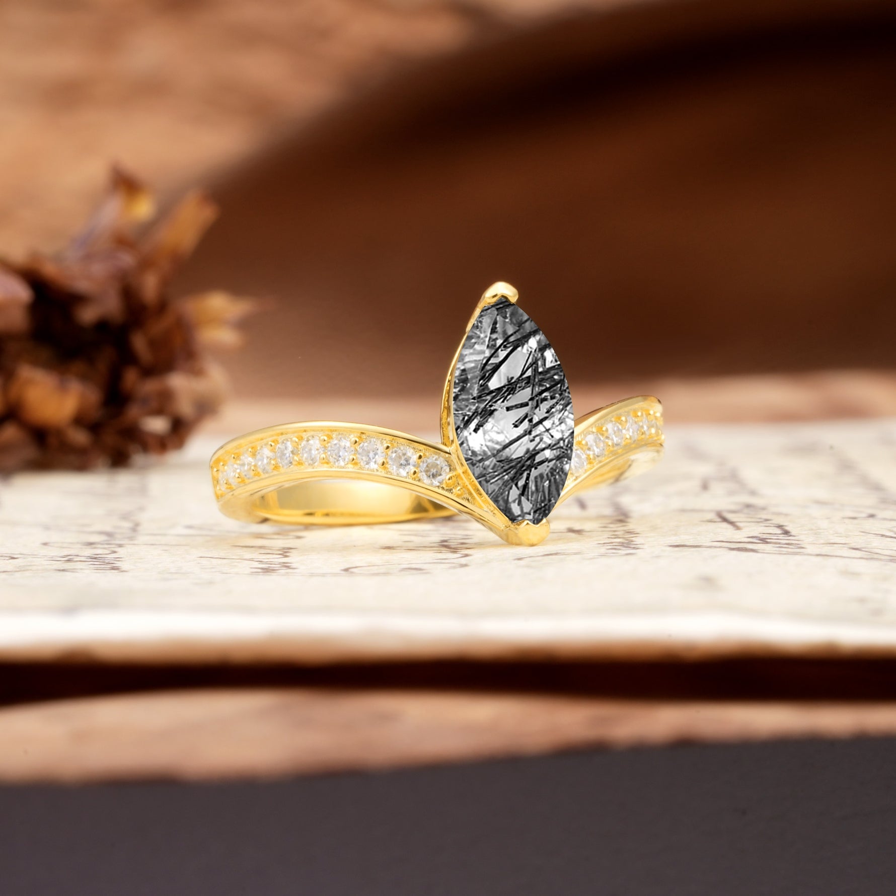 Unique Classic 2-Prong Marquise Cut Black Rutilated Quartz Engagement Ring - Additional view