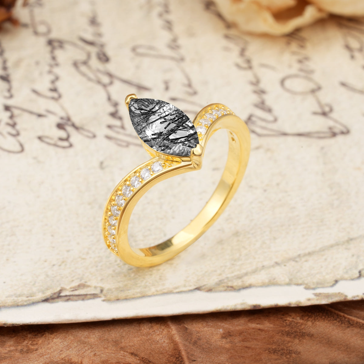 Unique Classic 2-Prong Marquise Cut Black Rutilated Quartz Engagement Ring - Additional view