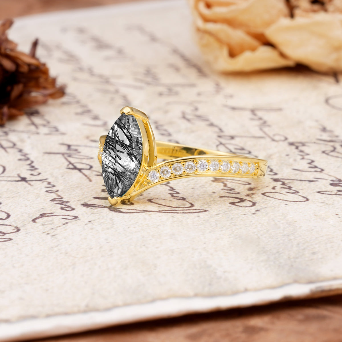 Unique Classic 2-Prong Marquise Cut Black Rutilated Quartz Engagement Ring - Additional view
