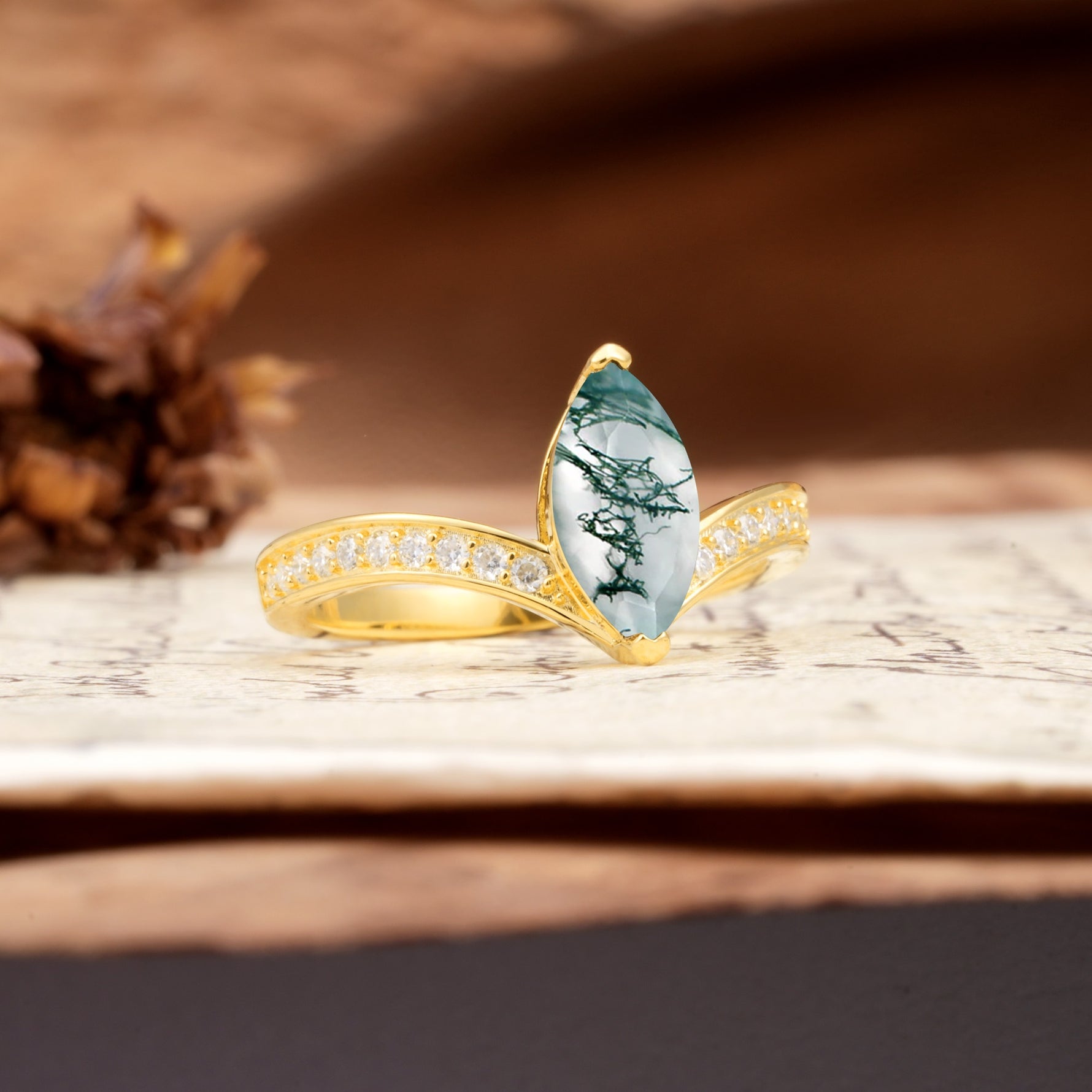 Unique Classic 2-Prong Marquise Cut Moss Agate Engagement Ring - Additional view