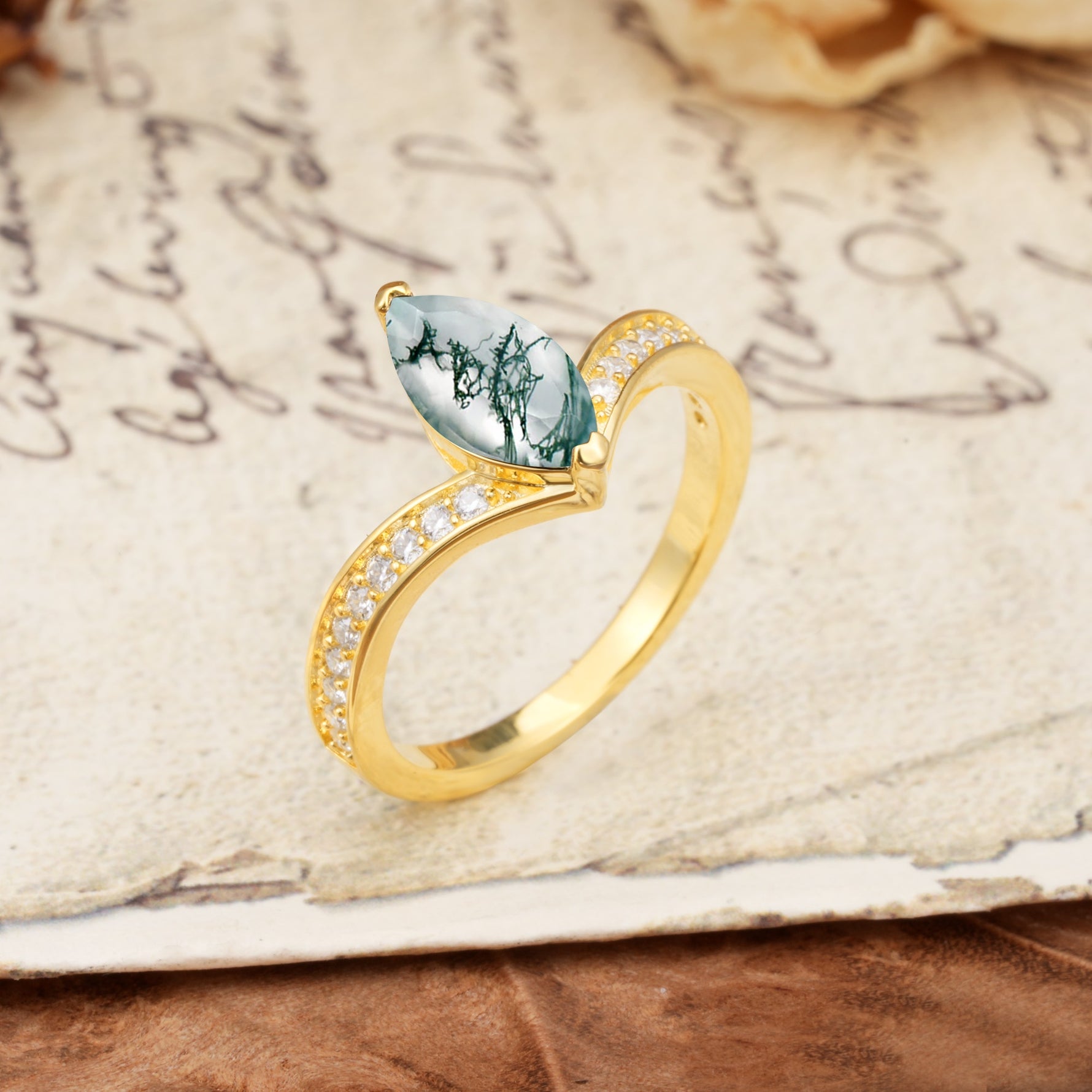 Unique Classic 2-Prong Marquise Cut Moss Agate Engagement Ring - Additional view