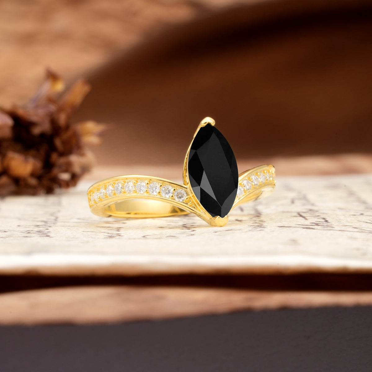 Unique Classic 2-Prong Marquise Cut Black Onyx Engagement Ring - Additional view